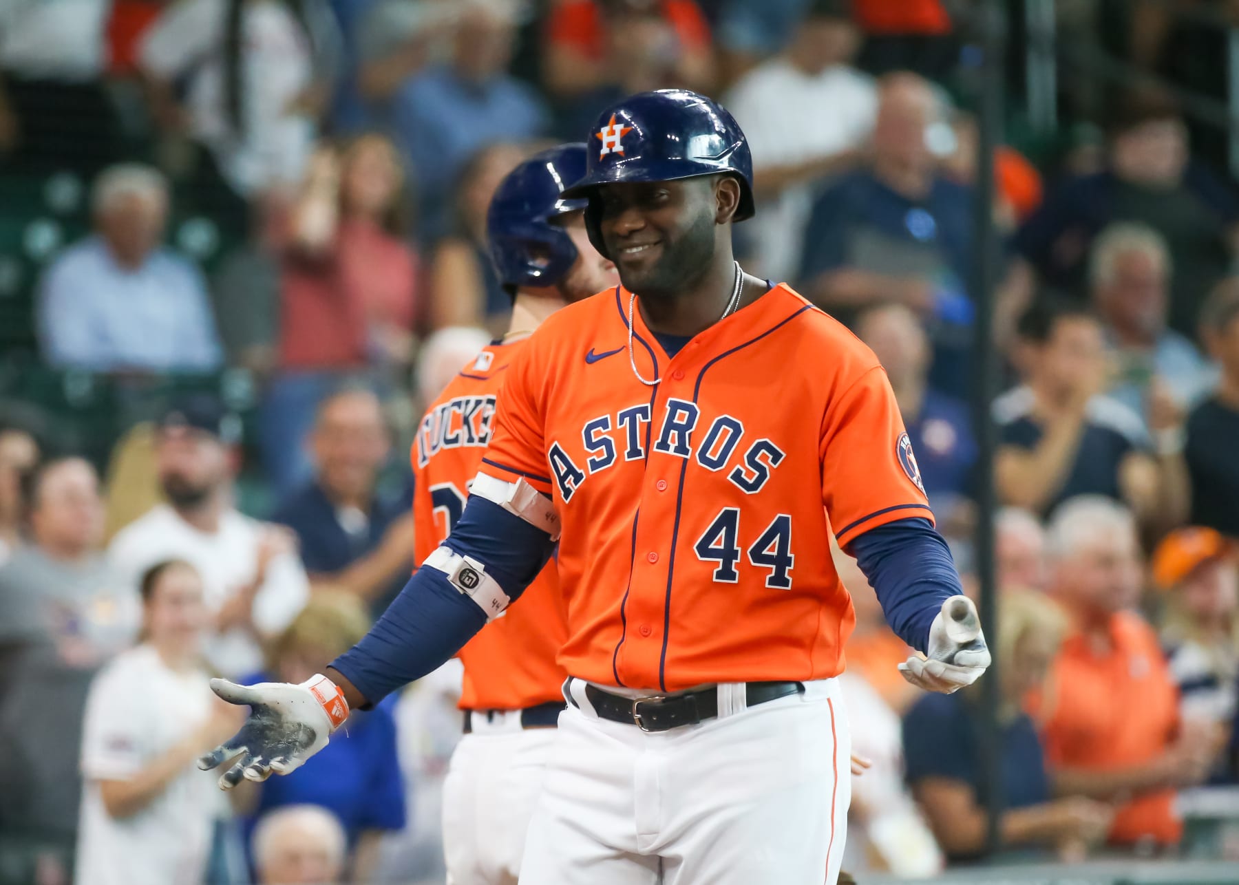 HOUSTON, TX - JULY 21: Houston Astros designated hitter Yordan Álvarez (44) smiles after hitting a home run in the bottom of the first inning during the MLB doubleheader Game 2 between the New York Yankees and Houston Astros on July 21, 2022 at Minute Maid Park in Houston, Texas. (Photo by Leslie Plaza Johnson/Icon Sportswire via Getty Images)
