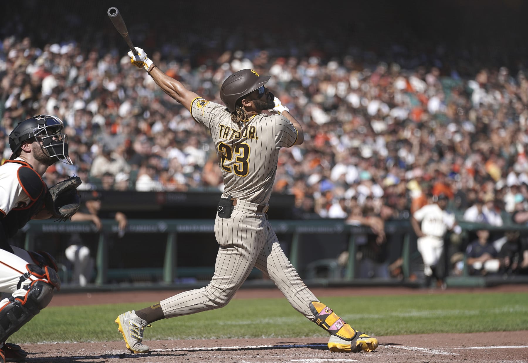 SAN FRANCISCO, CALIFORNIA - OCTOBER 02: Fernando Tatis Jr. #23 of the San Diego Padres bats against the San Francisco Giants in the top of the six inning at Oracle Park on October 02, 2021 in San Francisco, California. (Photo by Thearon W. Henderson/Getty Images)