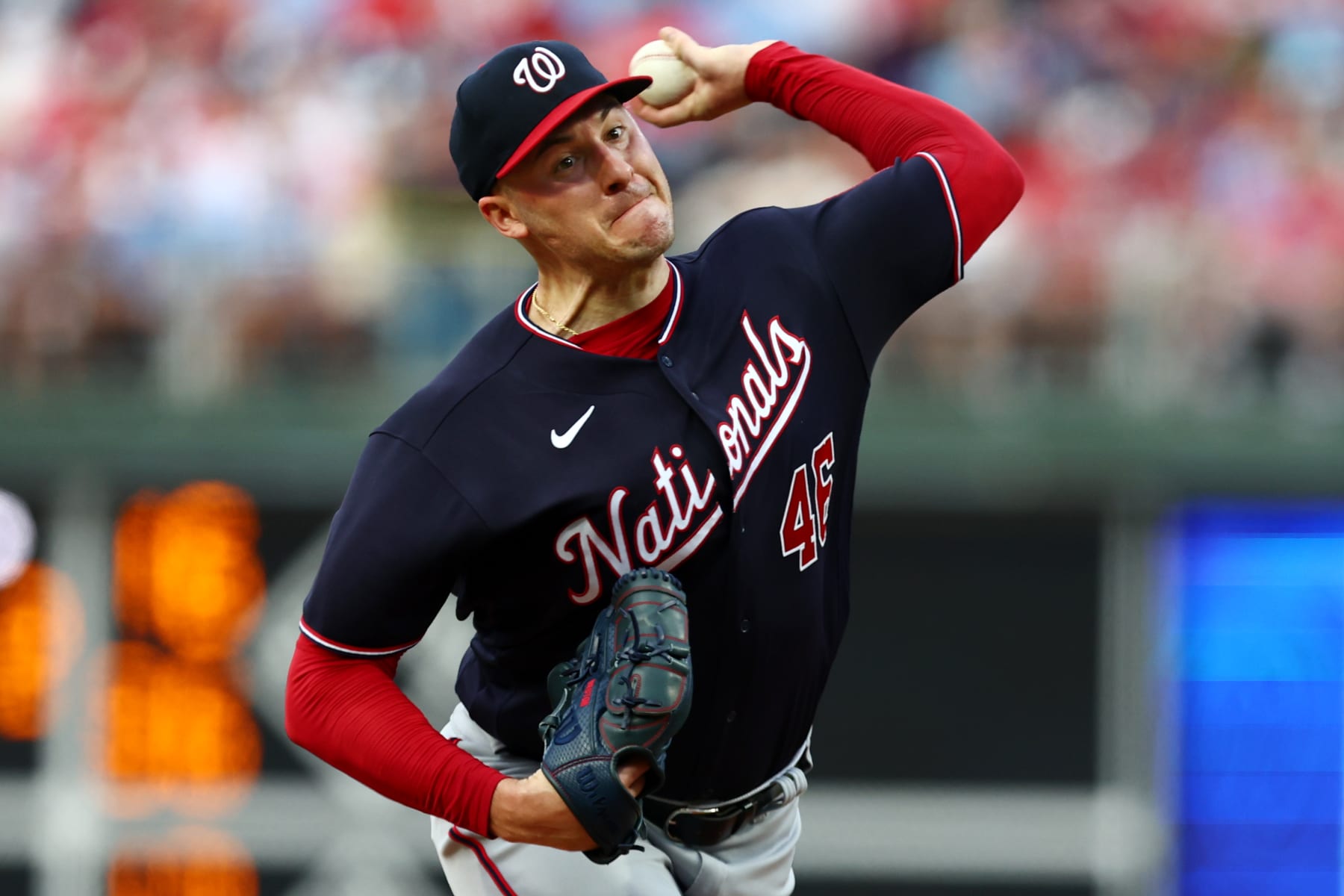 PHILADELPHIA, PA - AUGUST 06: Pitcher Patrick Corbin #46 of the Washington Nationals delivers a pitch against the Philadelphia Phillies during the first inning of a game at Citizens Bank Park on August 6, 2022 in Philadelphia, Pennsylvania. (Photo by Rich Schultz/Getty Images)