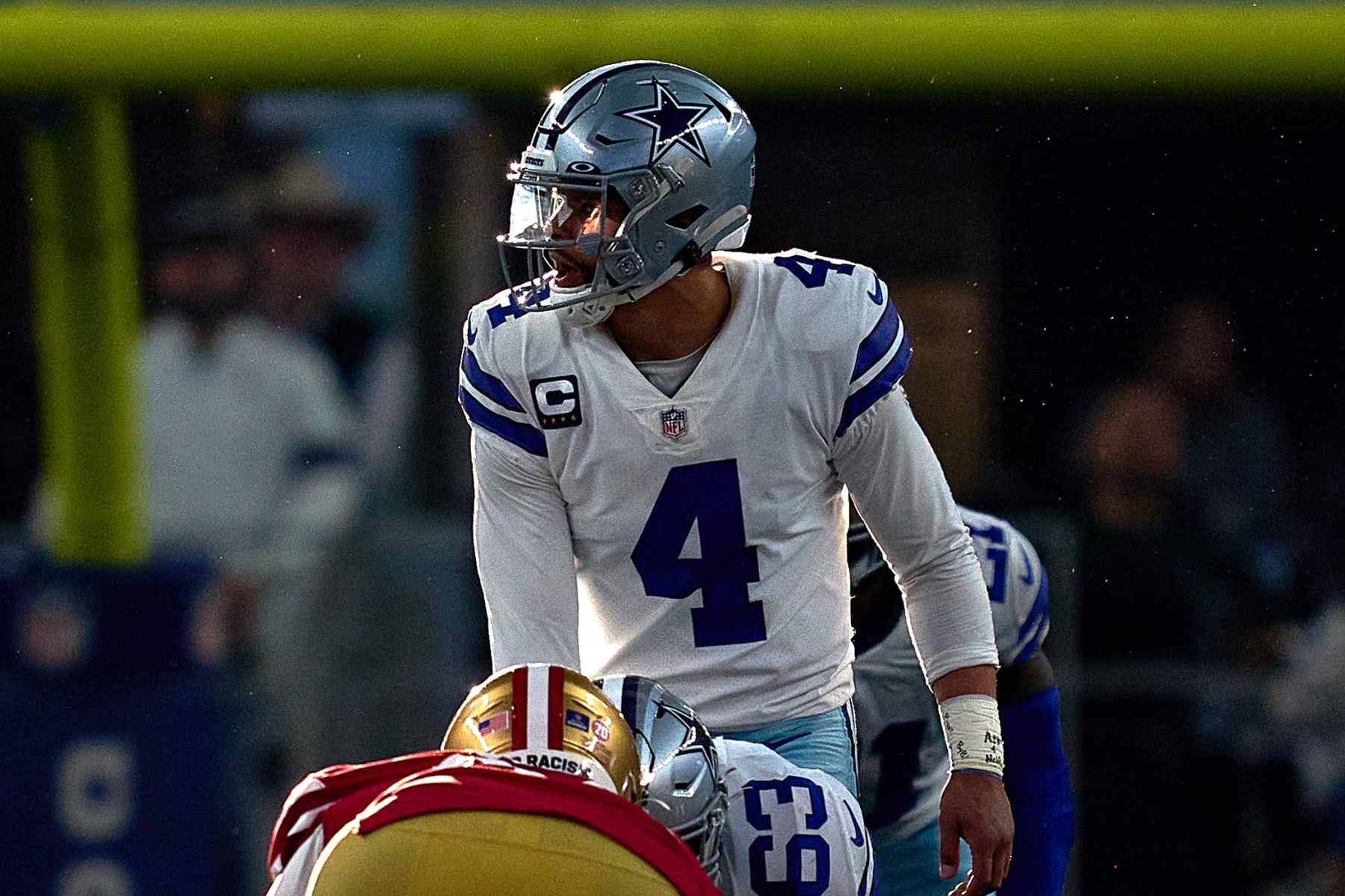 ARLINGTON, TX - JANUARY 16: Dallas Cowboys quarterback Dak Prescott (4) looks on during the NFC Wild Card game between the San Francisco 49ers and the Dallas Cowboys on January 16, 2022 at AT&T Stadium in Arlington, TX. (Photo by Robin Alam/Icon Sportswire via Getty Images)