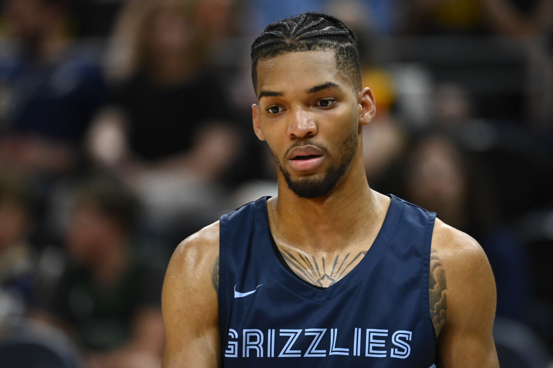 SALT LAKE CITY, UTAH - JULY 05: Ziaire Williams #8 of the Memphis Grizzlies looks on during a NBA Summer League game against the Philadelphia 76ers at Vivint Arena on July 05, 2022 in Salt Lake City, Utah. NOTE TO USER: User expressly acknowledges and agrees that, by downloading and/or using this Photograph, user is consenting to the terms and conditions of the Getty Images License Agreement. (Photo by Alex Goodlett/Getty Images)