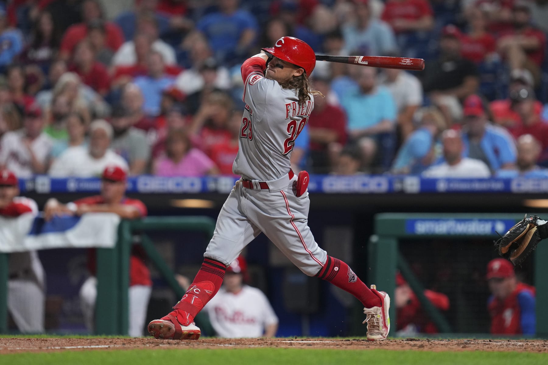 PHILADELPHIA, PA - AUGUST 22: TJ Friedl #29 of the Cincinnati Reds bats against the Philadelphia Phillies at Citizens Bank Park on August 22, 2022 in Philadelphia, Pennsylvania. The Phillies defeated the Reds 4-1. (Photo by Mitchell Leff/Getty Images)