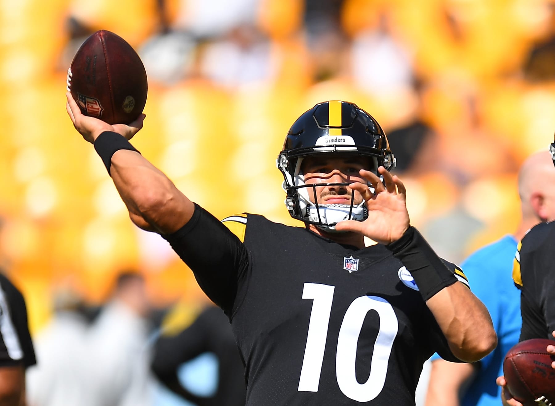 PITTSBURGH, PA - AUGUST 28: Mitch Trubisky #10 of the Pittsburgh Steelers warms up prior to the game against the Detroit Lions at Acrisure Stadium on August 28, 2022 in Pittsburgh, Pennsylvania. (Photo by Joe Sargent/Getty Images)