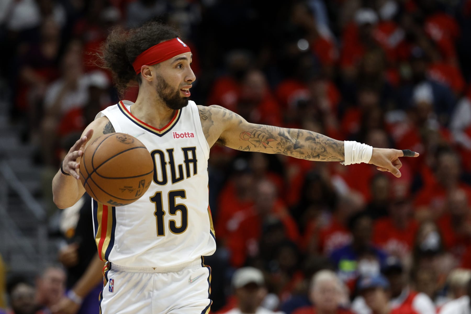 NEW ORLEANS, LOUISIANA - APRIL 28: Jose Alvarado #15 of the New Orleans Pelicans looks on during the game against the Phoenix Suns at Smoothie King Center on April 28, 2022 in New Orleans, Louisiana. NOTE TO USER: User expressly acknowledges and agrees that, by downloading and or using this Photograph, user is consenting to the terms and conditions of the Getty Images License Agreement. (Photo by Chris Graythen/Getty Images)