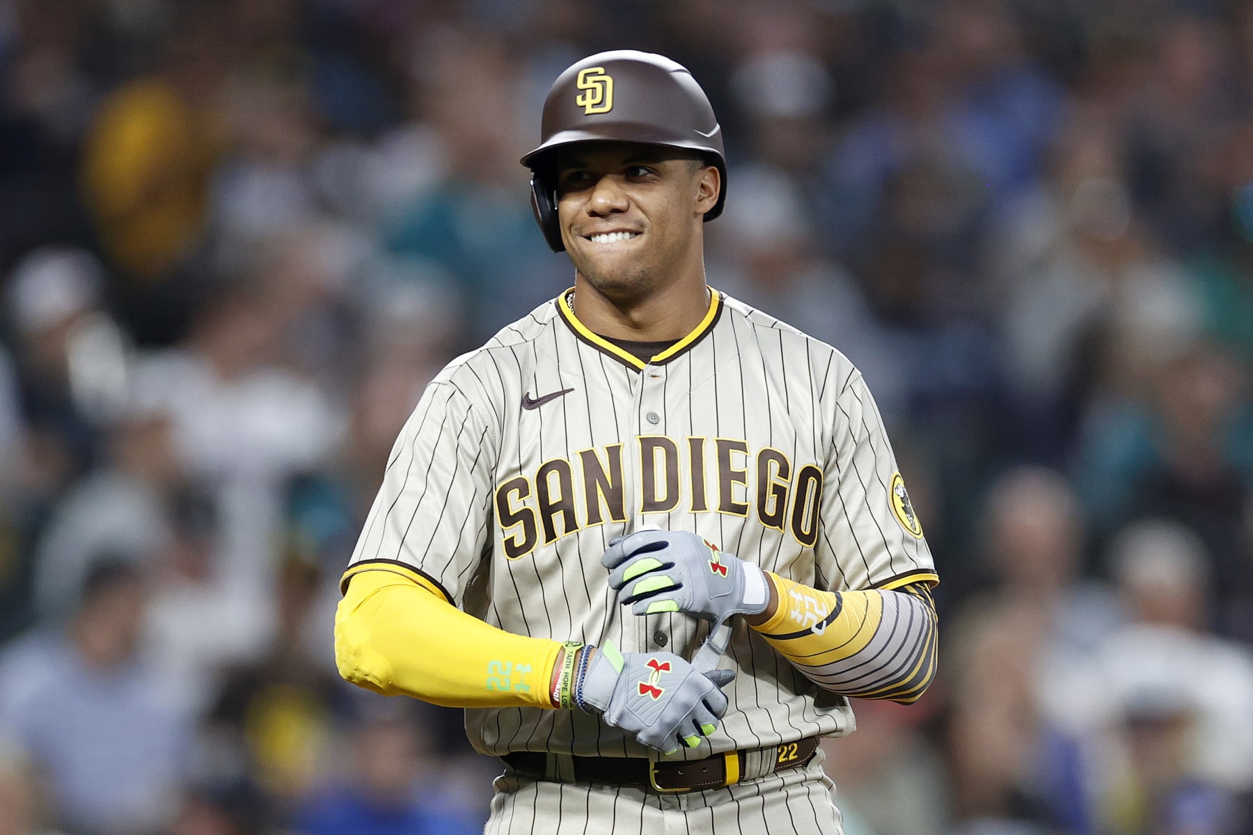 SEATTLE, WASHINGTON - SEPTEMBER 13: Juan Soto #22 of the San Diego Padres reacts as he is walked during the third inning against the Seattle Mariners at T-Mobile Park on September 13, 2022 in Seattle, Washington. (Photo by Steph Chambers/Getty Images)