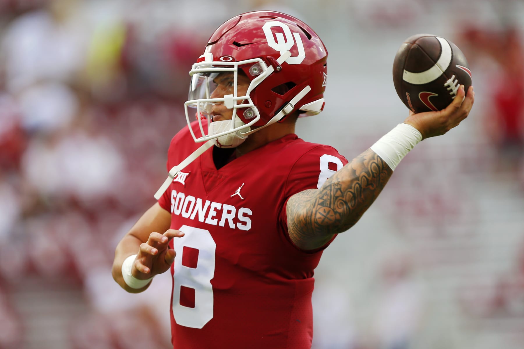NORMAN, OK - SEPTEMBER 10: Quarterback Dillon Gabriel #8 of the Oklahoma Sooners throws before a game against the Kent State Golden Flashes at Gaylord Family Oklahoma Memorial Stadium on September 10, 2022 in Norman, Oklahoma. Oklahoma won 33-3. (Photo by Brian Bahr/Getty Images)