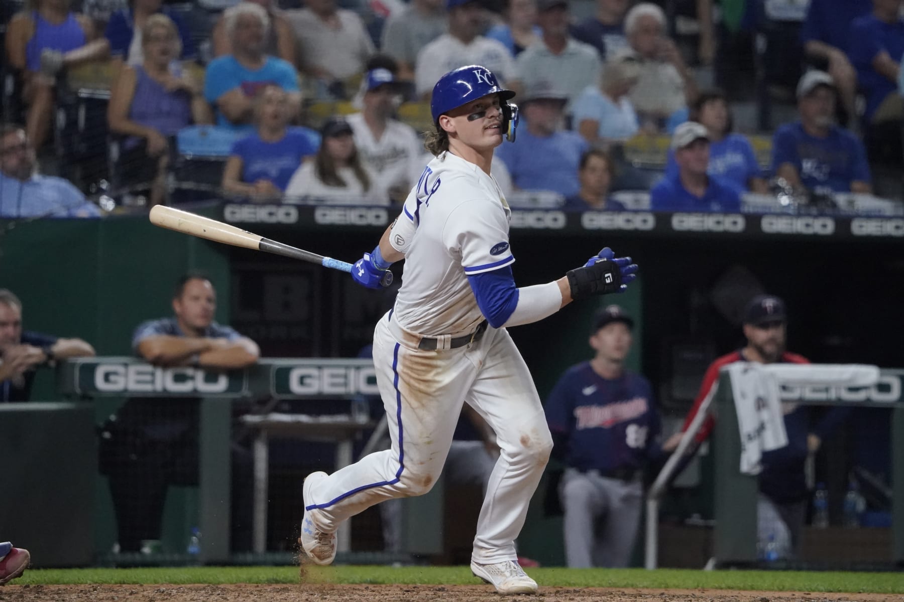 KANSAS CITY, MISSOURI - SEPTEMBER 20: Bobby Witt Jr. #7 of the Kansas City Royals hits in the seventh inning against the Minnesota Twins at Kauffman Stadium on September 20, 2022 in Kansas City, Missouri. (Photo by Ed Zurga/Getty Images)