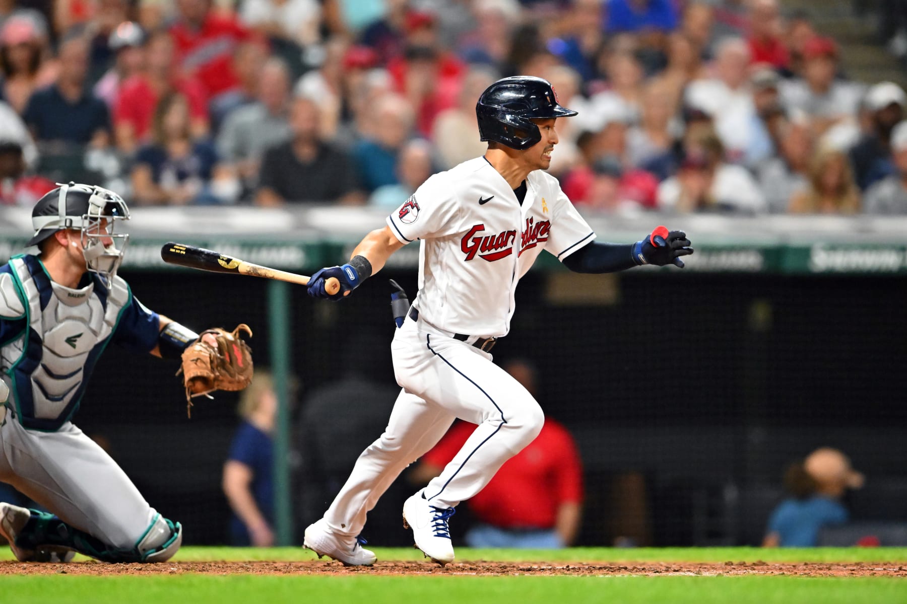 CLEVELAND, OHIO - SEPTEMBER 02: Steven Kwan #38 of the Cleveland Guardians runs out a single during the fifth inning against the Seattle Mariners at Progressive Field on September 02, 2022 in Cleveland, Ohio. (Photo by Jason Miller/Getty Images)