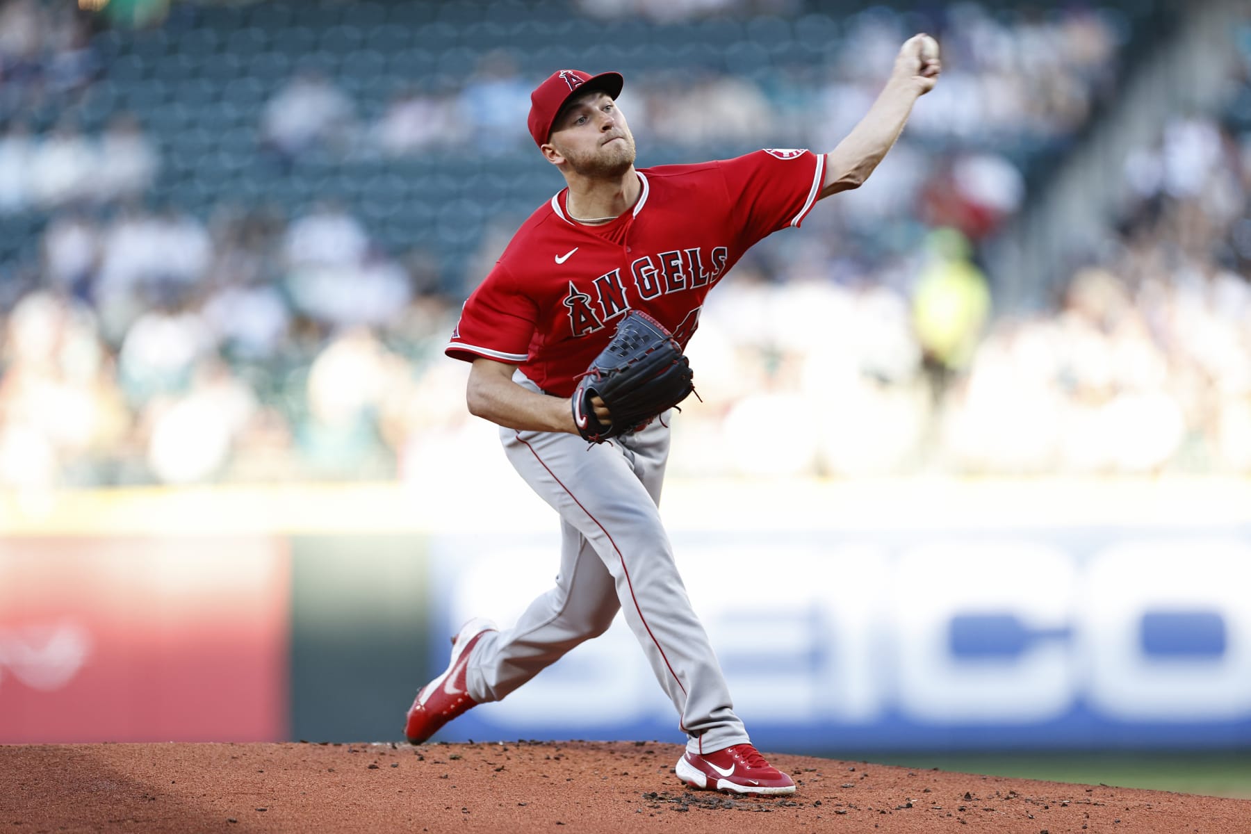 SEATTLE, WASHINGTON - AUGUST 06: Reid Detmers #48 of the Los Angeles Angels pitches during the first inning against the Seattle Mariners at T-Mobile Park on August 06, 2022 in Seattle, Washington. (Photo by Steph Chambers/Getty Images)