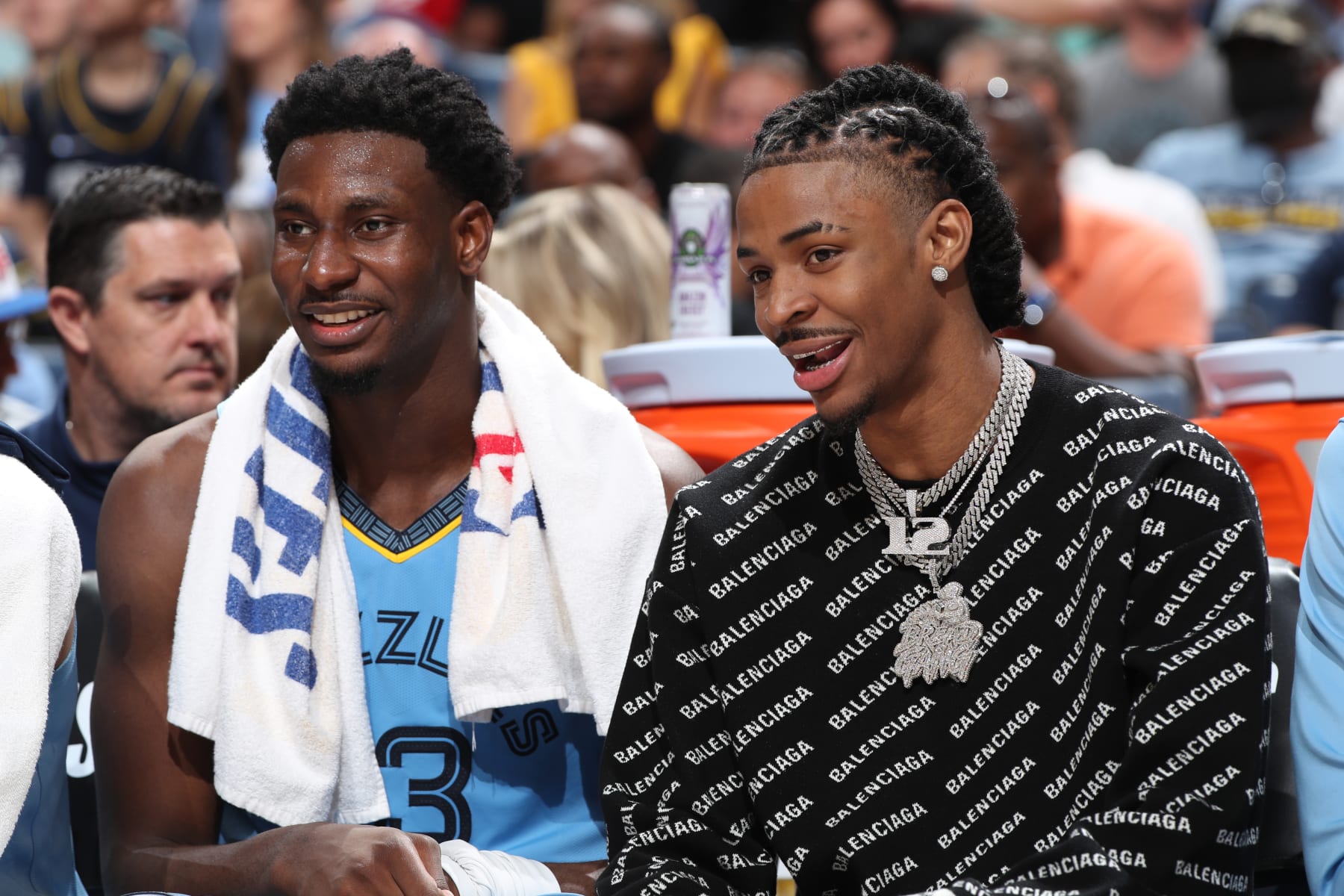 MEMPHIS, TN - MAY 11: Jaren Jackson Jr. #13 of the Memphis Grizzlies talks with Ja Morant #12 of the Memphis Grizzlies during Game 5 of the 2022 NBA Playoffs Western Conference Semifinals on May 11, 2022 at FedExForum in Memphis, Tennessee. NOTE TO USER: User expressly acknowledges and agrees that, by downloading and or using this photograph, User is consenting to the terms and conditions of the Getty Images License Agreement. Mandatory Copyright Notice: Copyright 2022 NBAE (Photo by Joe Murphy/NBAE via Getty Images)