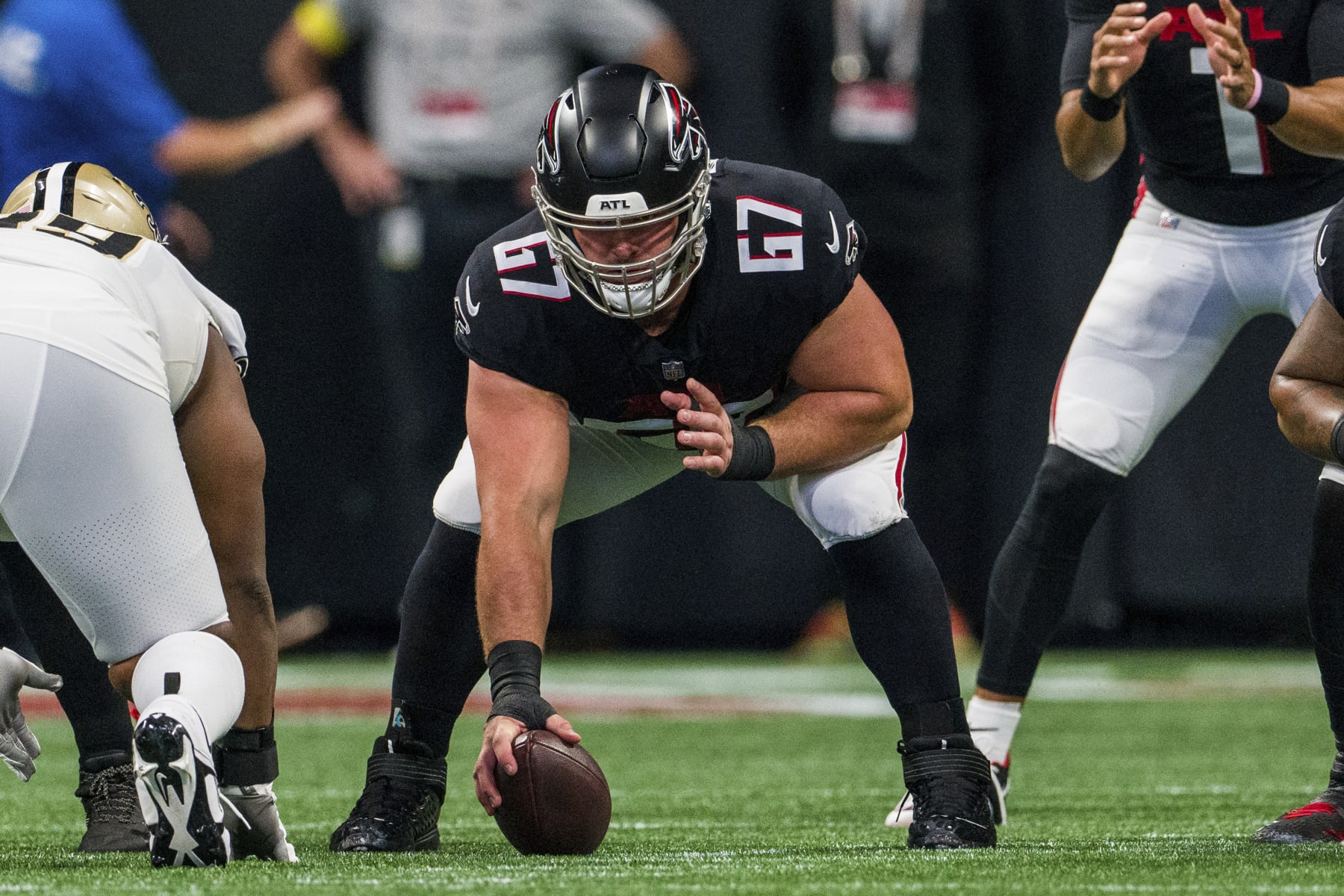 Atlanta Falcons center Drew Dalman (67) lines up during the first half of an NFL football game against the New Orleans Saints, Sunday, Sep. 11, 2022, in Atlanta. The New Orleans Saints won 27-26. (AP Photo/Danny Karnik)