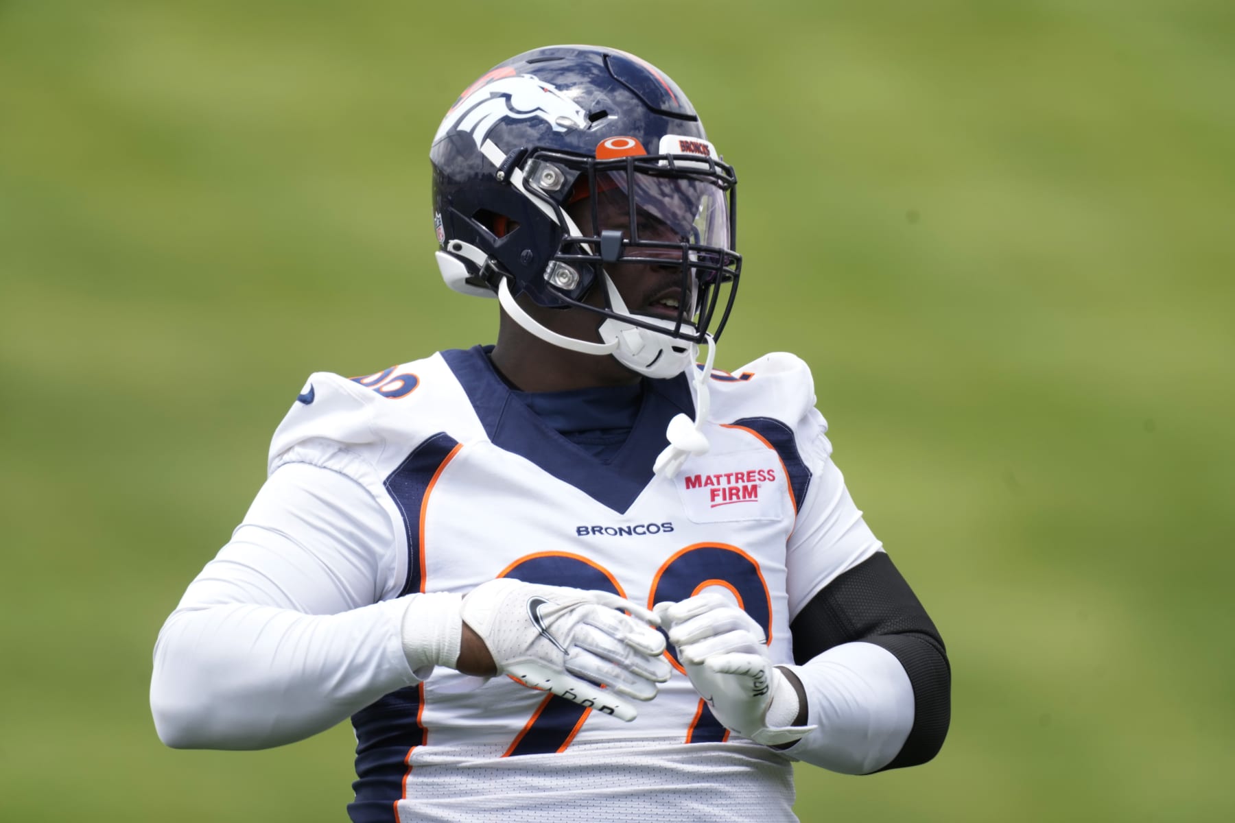 Denver Broncos defensive lineman DeShawn Williams takes part in drills Tuesday, May 31, 2022, at the NFL football team's headquarters in Centennial, Colo. (AP Photo/David Zalubowski)