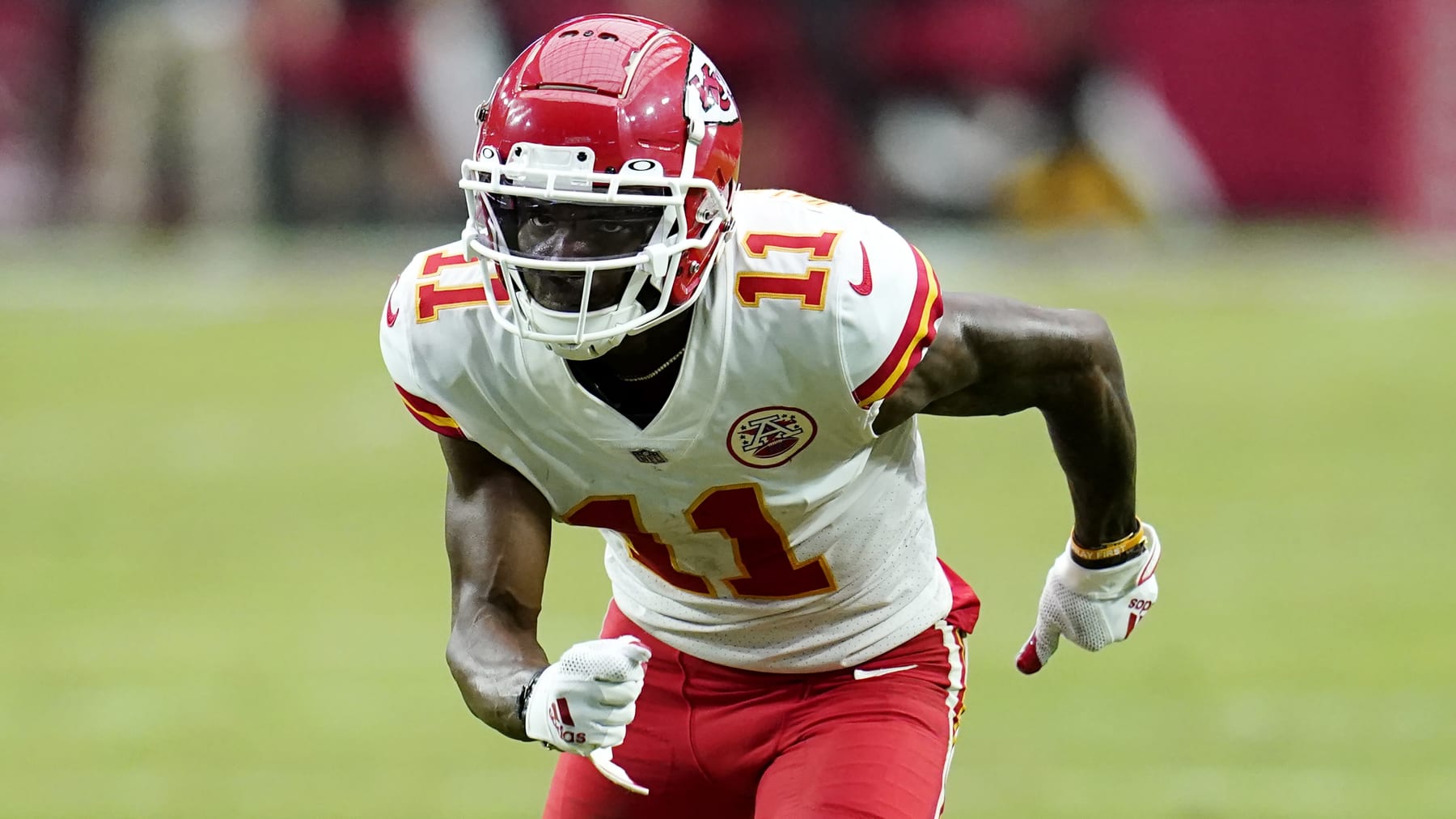 Kansas City Chiefs wide receiver Marquez Valdes-Scantling runs a pass pattern against the Arizona Cardinals during the second half of an NFL football game in Glendale, Ariz., Sunday, Sept. 11, 2022. The Chiefs won 44-21. (AP Photo/Ross D. Franklin)