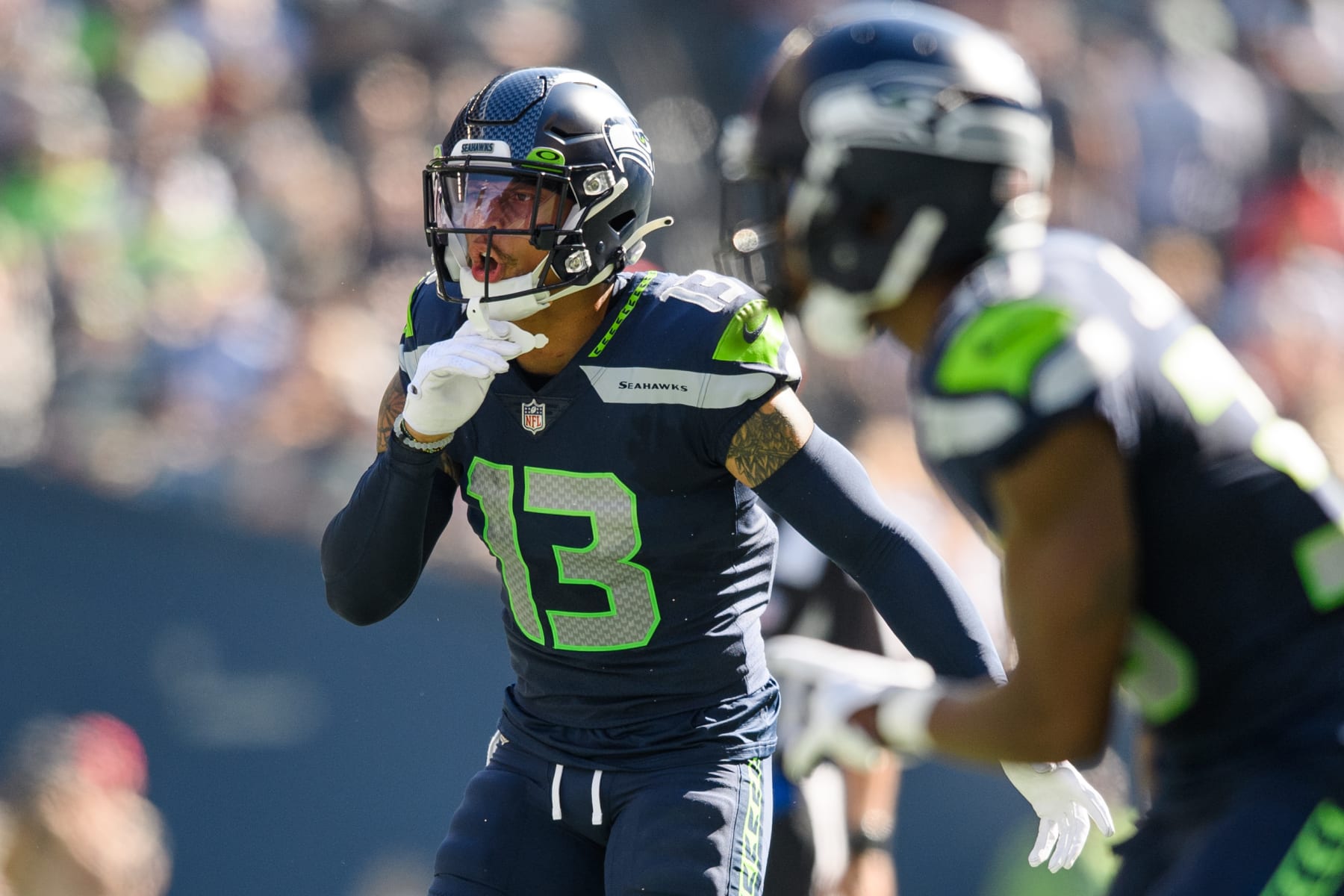 SEATTLE, WASHINGTON - SEPTEMBER 25: Josh Jones #13 of the Seattle Seahawks looks on during the second half of the game against the Atlanta Falcons at Lumen Field on September 25, 2022 in Seattle, Washington. (Photo by Jane Gershovich/Getty Images)