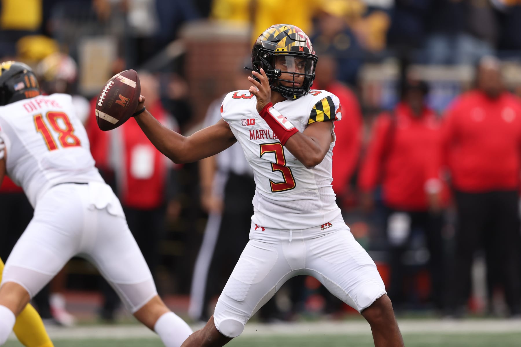 ANN ARBOR, MICHIGAN - SEPTEMBER 24: Taulia Tagovailoa #3 of the Maryland Terrapins throws a first half pass while playing Michigan Wolverines at Michigan Stadium on September 24, 2022 in Ann Arbor, Michigan. (Photo by Gregory Shamus/Getty Images)