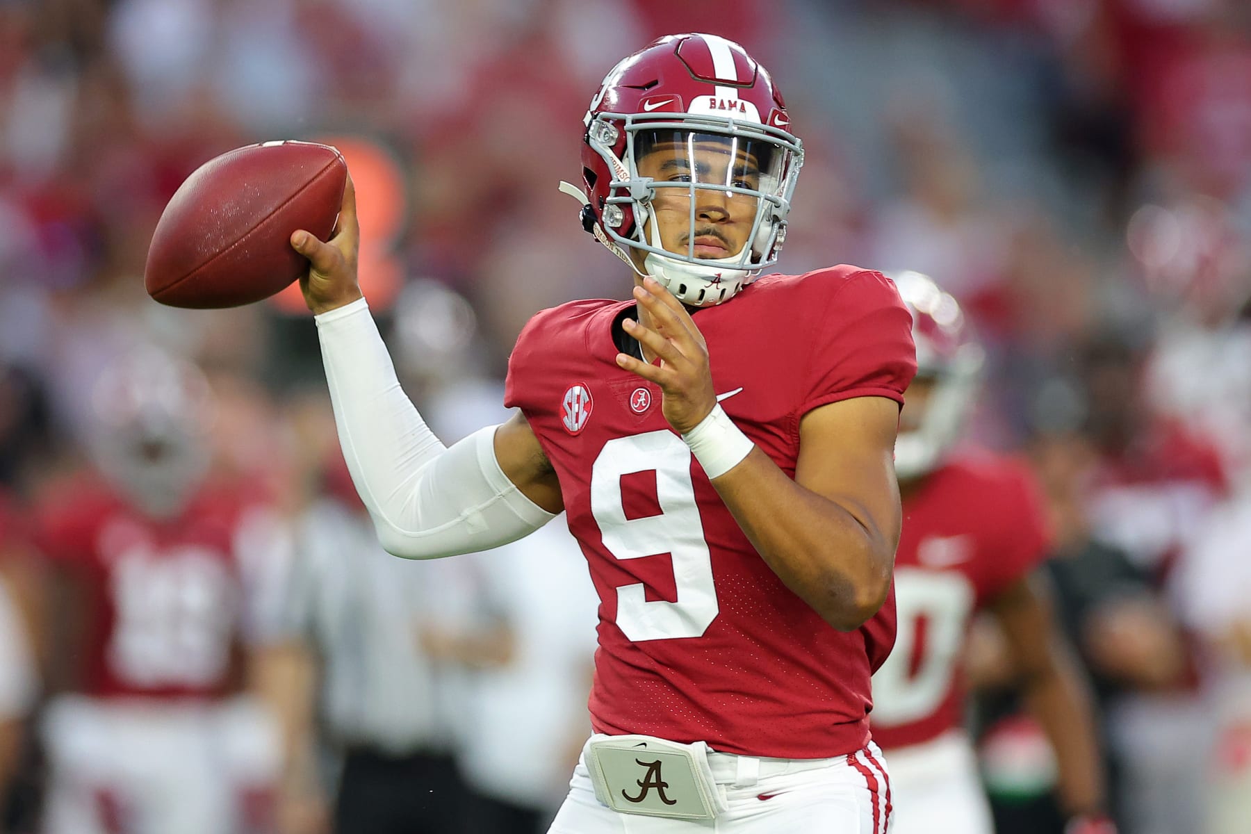 TUSCALOOSA, ALABAMA - SEPTEMBER 24: Bryce Young #9 of the Alabama Crimson Tide throws a pass against the Vanderbilt Commodores during the first half of the game at Bryant-Denny Stadium on September 24, 2022 in Tuscaloosa, Alabama. (Photo by Kevin C. Cox/Getty Images)