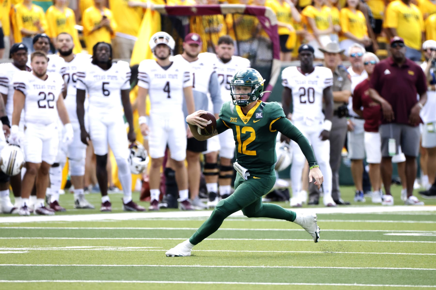 WACO, TX - SEPTEMBER 17: Blake Shapen #12 of the Baylor Bears runs the ball against the Texas State Bobcats in the first half at McLane Stadium on September 17, 2022 in Waco, Texas. (Photo by Ron Jenkins/Getty Images)