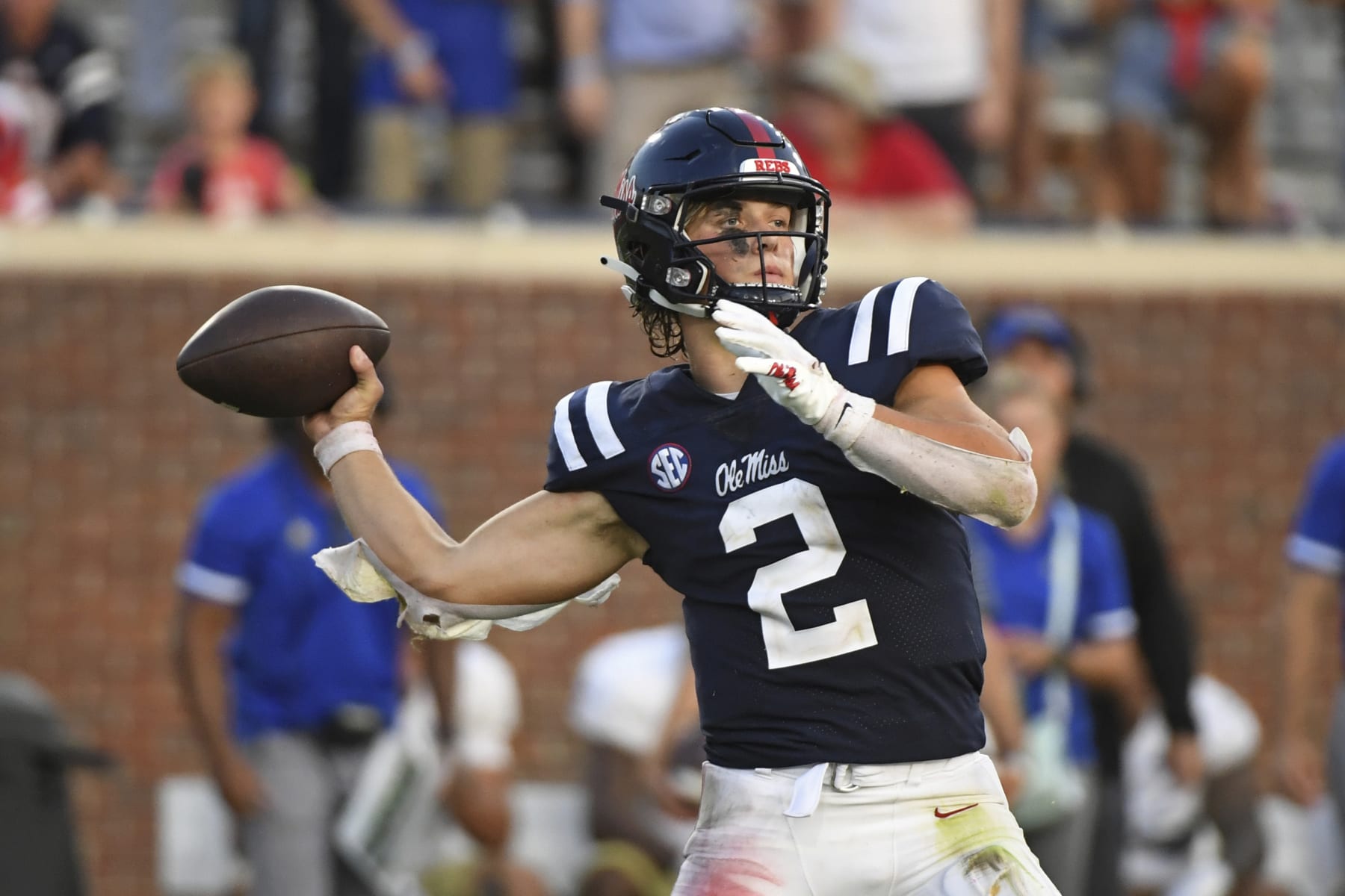 Mississippi quarterback Jaxson Dart (2) releases a pass during the second half of an NCAA college football game against Tulsa in Oxford, Miss., Saturday, Sept. 24, 2022. Mississippi won 35-27. (AP Photo/Thomas Graning)