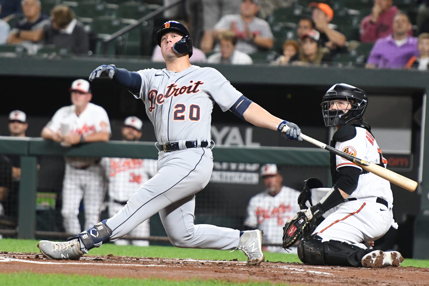 BALTIMORE, MD - SEPTEMBER 20: Spencer Torkelson #20 of the Detroit Tigers takes a swing during a baseball game against the Baltimore Orioles at Oriole Park at Camden Yards on September 20, 2022 in Baltimore, Maryland. (Photo by Mitchell Layton/Getty Images)