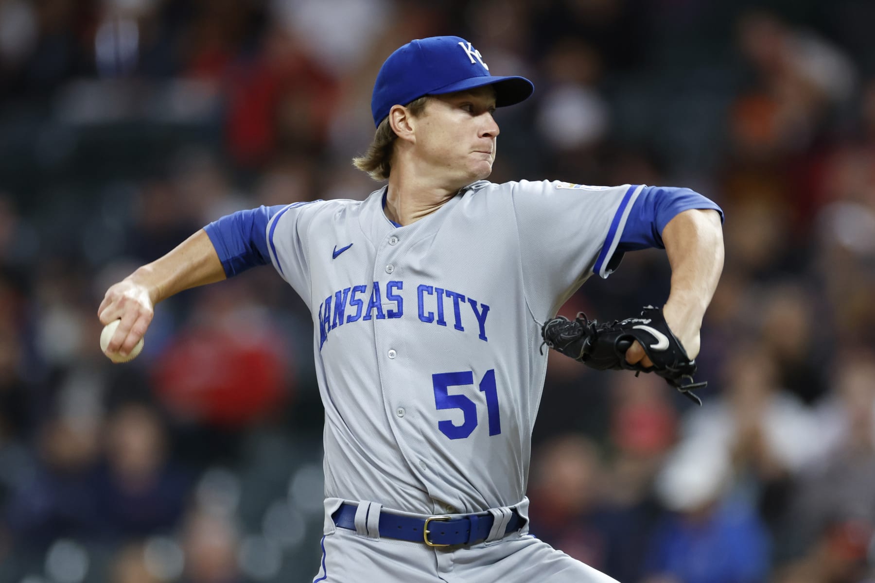 CLEVELAND, OH - SEPTEMBER 30: Brady Singer #51 of the Kansas City Royals pitches against the Cleveland Guardians during the first inning at Progressive Field on September 30, 2022 in Cleveland, Ohio. (Photo by Ron Schwane/Getty Images)