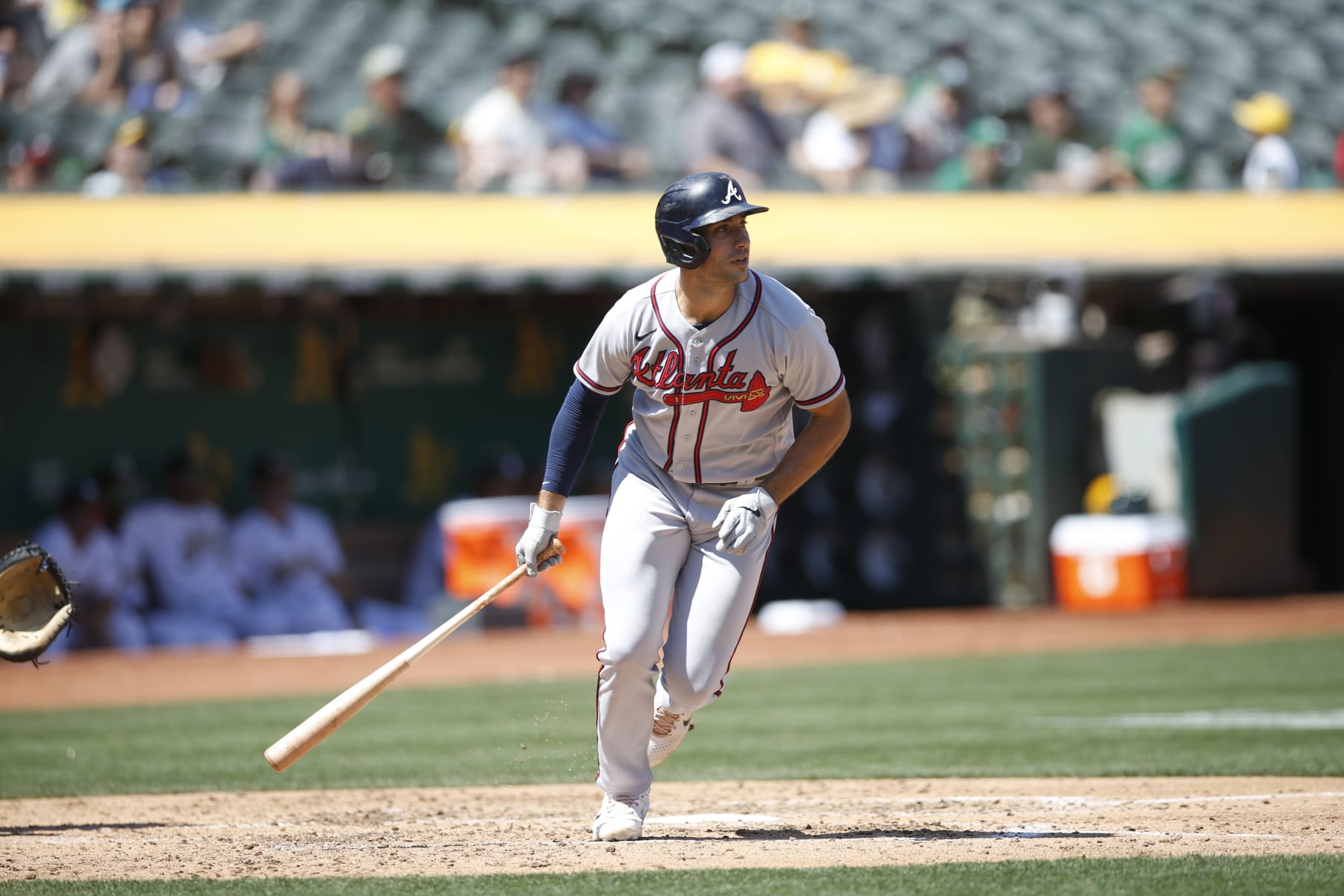 OAKLAND, CA - SEPTEMBER 7: Matt Olson #28 of the Atlanta Braves bats during the game against the Oakland Athletics at RingCentral Coliseum on September 7, 2022 in Oakland, California. The Braves defeated the Athletics 7-3. (Photo by Michael Zagaris/Oakland Athletics/Getty Images)