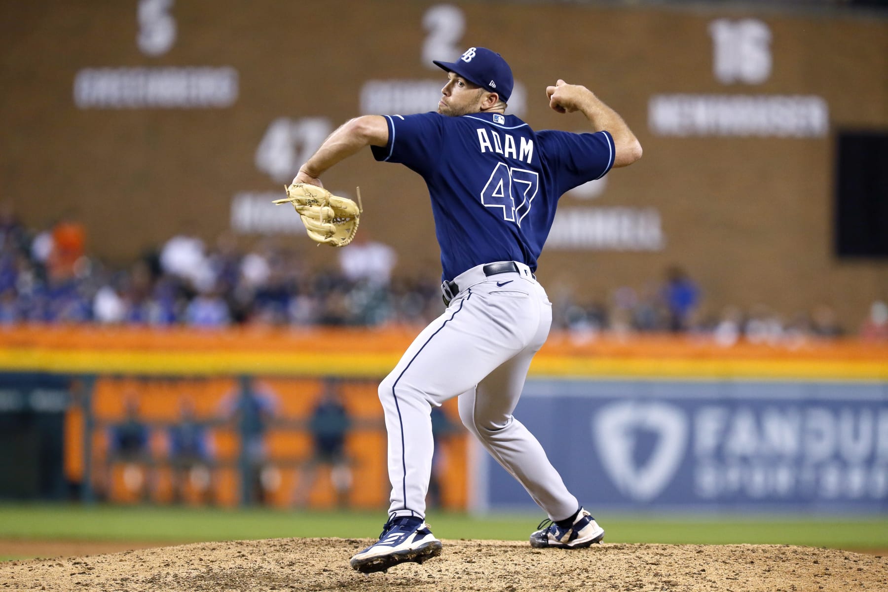 DETROIT, MI - AUGUST 5: Jason Adam #47 of the Tampa Bay Rays pitches against the Detroit Tigers at Comerica Park on August 5, 2022, in Detroit, Michigan. (Photo by Duane Burleson/Getty Images)