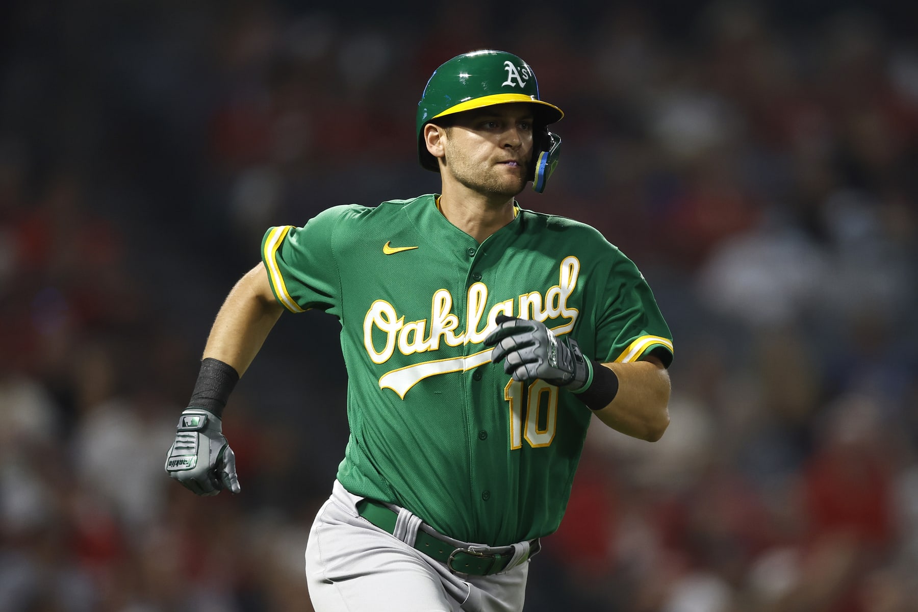 ANAHEIM, CALIFORNIA - SEPTEMBER 29: Chad Pinder #10 of the Oakland Athletics runs to first base against the Los Angeles Angels during the ninth inning at Angel Stadium of Anaheim on September 29, 2022 in Anaheim, California. (Photo by Michael Owens/Getty Images)