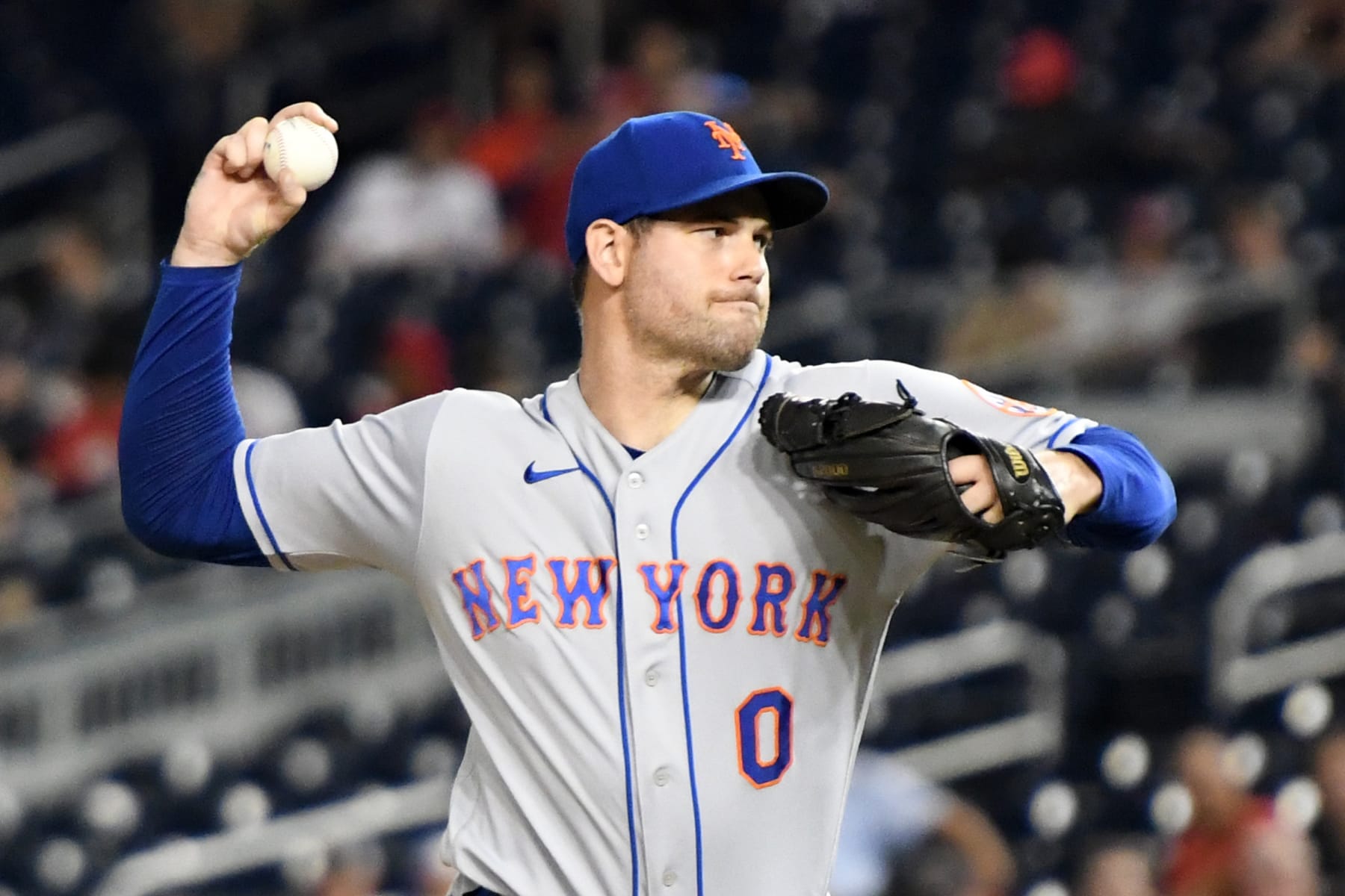 WASHINGTON, DC - AUGUST 01: Adam Ottavino #0 of the New York Mets pitches during a baseball game against the Washington Nationals at Nationals Park on August 1, 2022 in Washington, DC. (Photo by Mitchell Layton/Getty Images)