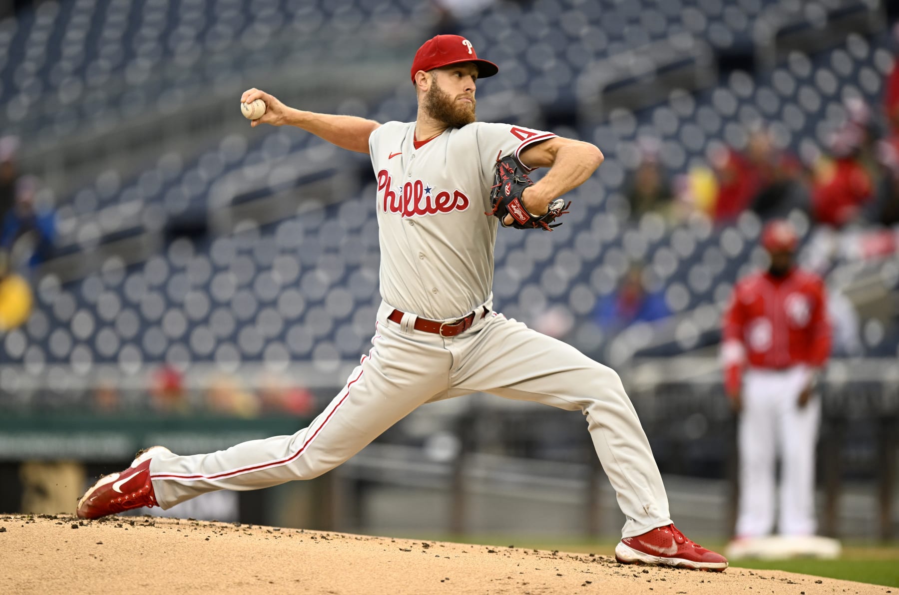 WASHINGTON, DC - OCTOBER 02: Zack Wheeler #45 of the Philadelphia Phillies pitches in the first inning against the Washington Nationals at Nationals Park on October 02, 2022 in Washington, DC. (Photo by Greg Fiume/Getty Images)