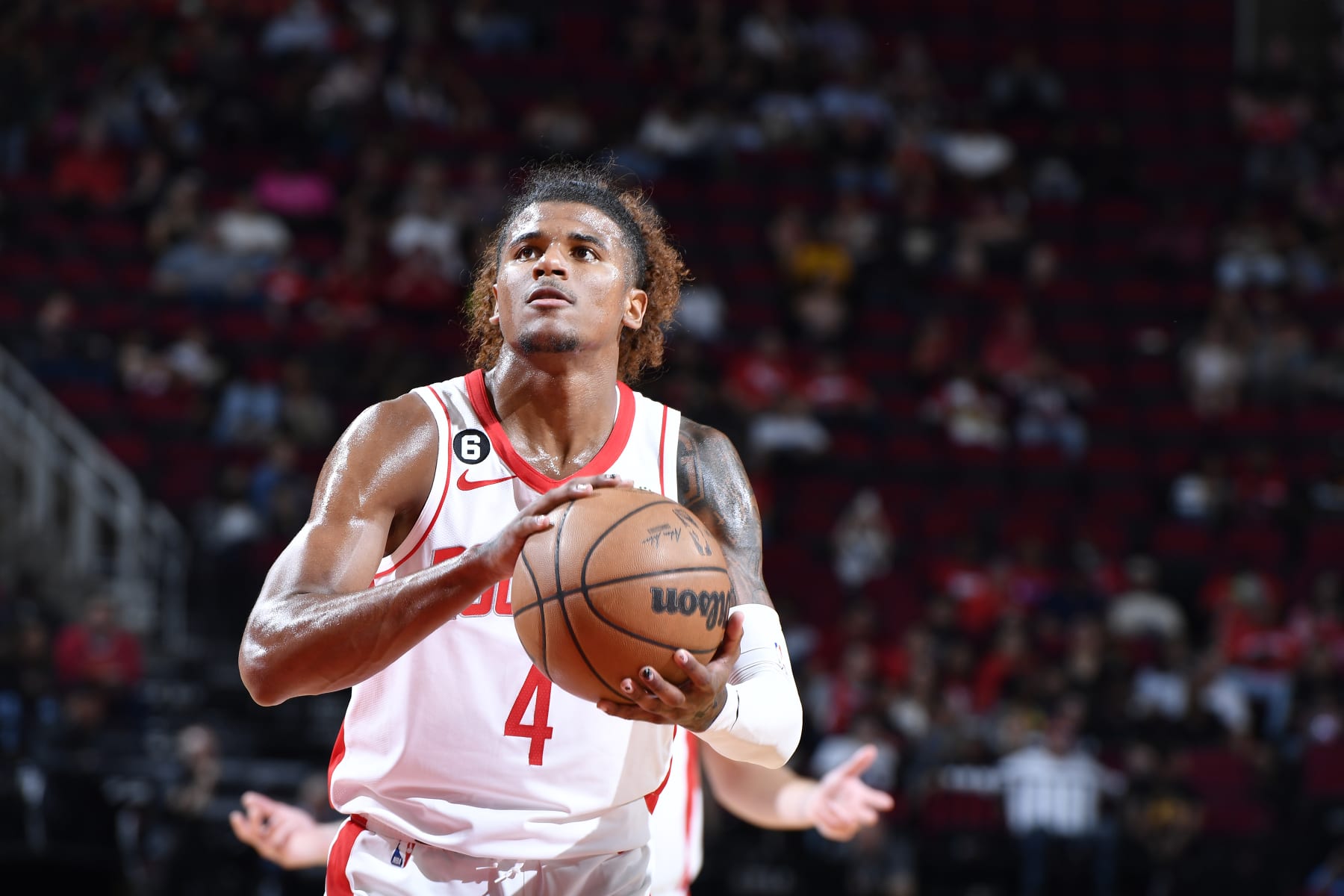 HOUSTON, TX - OCTOBER 7: Jalen Green #4 of the Houston Rockets shoots the ball during the game against the Toronto Raptors on October 7, 2022 at the Toyota Center in Houston, Texas. NOTE TO USER: User expressly acknowledges and agrees that, by downloading and or using this photograph, User is consenting to the terms and conditions of the Getty Images License Agreement. Mandatory Copyright Notice: Copyright 2022 NBAE (Photo by Logan Riely/NBAE via Getty Images)