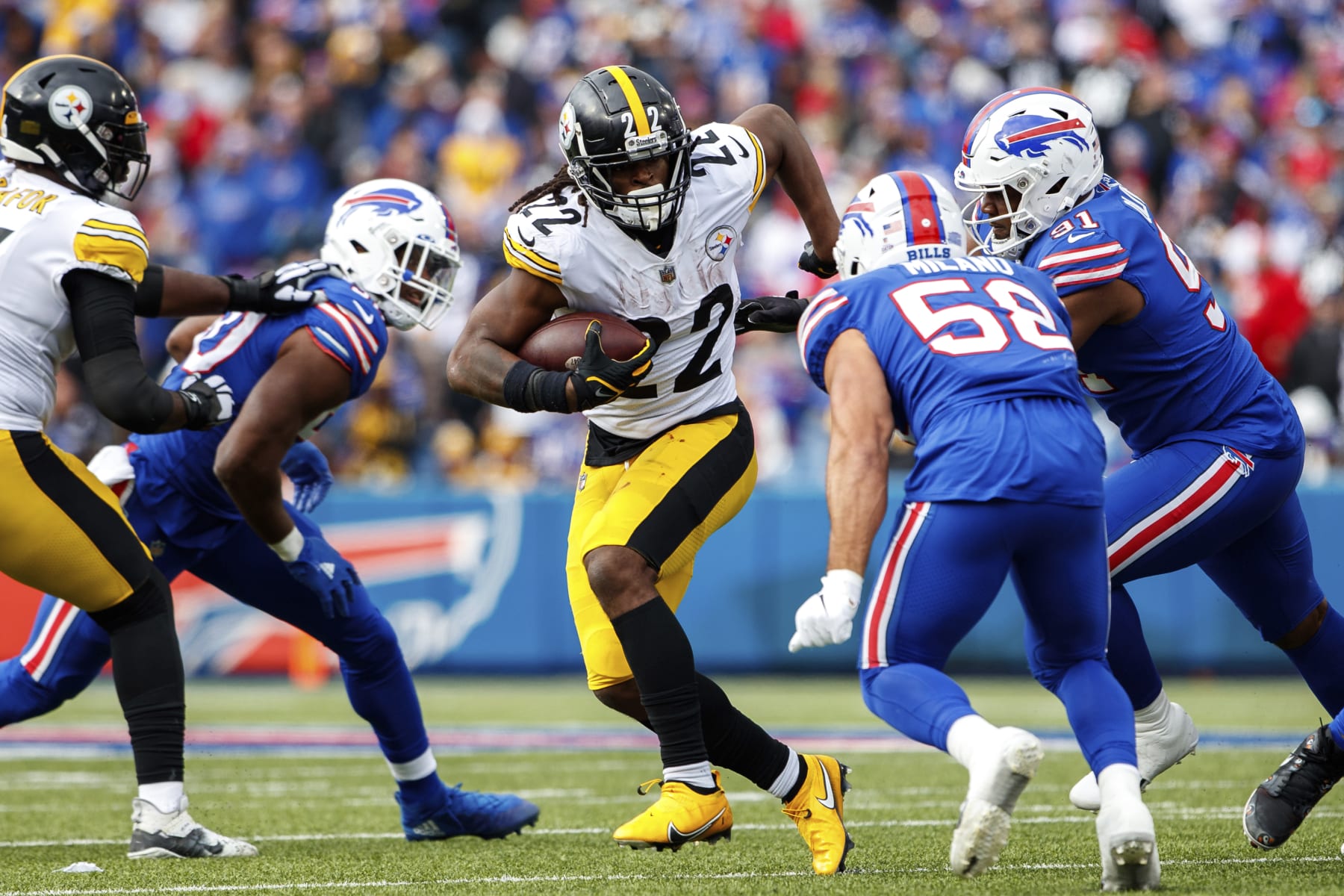 Pittsburgh Steelers running back Najee Harris (22) rushes during an NFL football game, Sunday, Oct. 9, 2022, in Orchard Park, NY. (AP Photo/Matt Durisko)