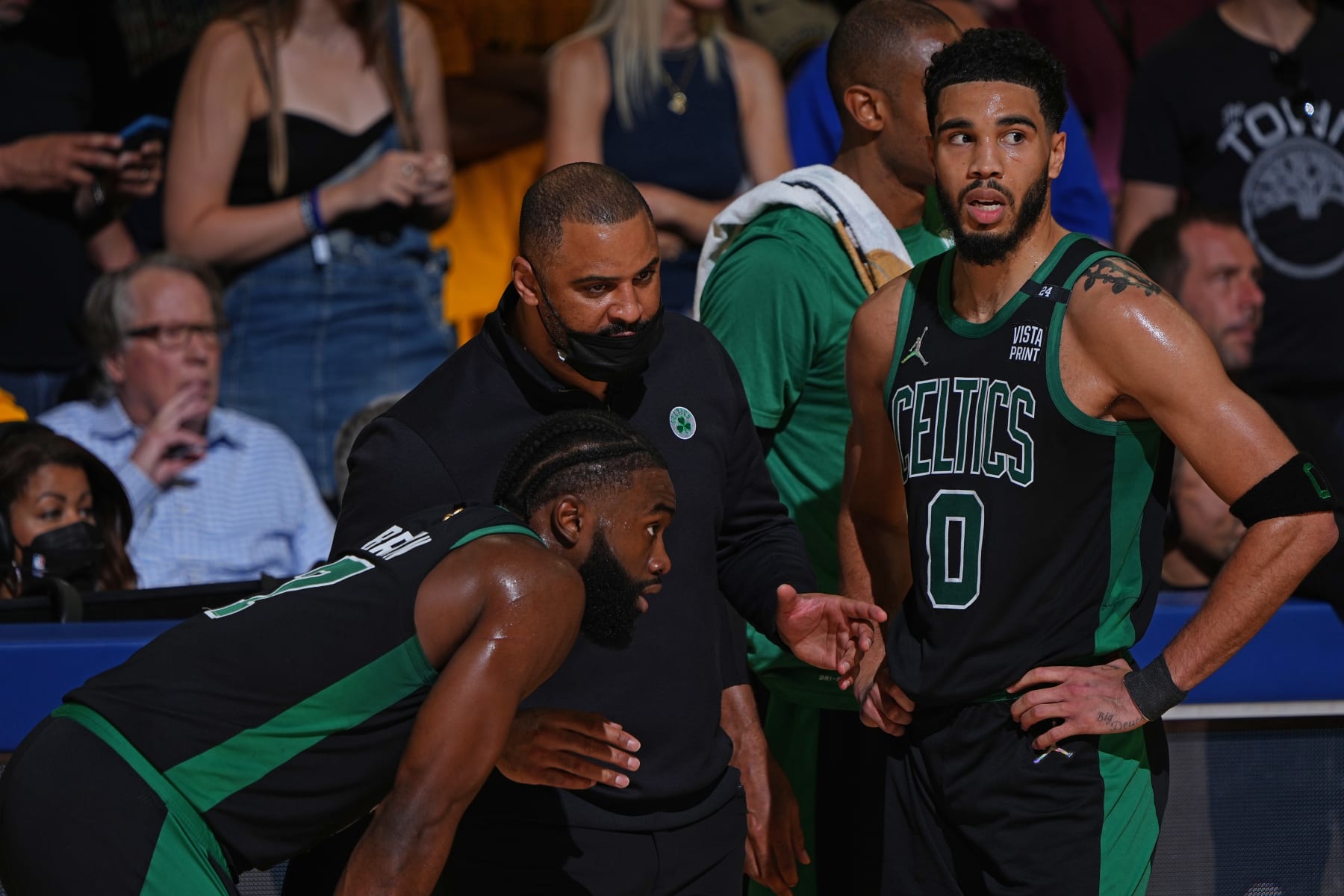 SAN FRANCISCO, CA - JUNE 13: Ime Udoka coaches Jaylen Brown #7 and Jayson Tatum #0 of the Boston Celtics during Game Five of the 2022 NBA Finals against the Golden State Warriors on June 13, 2022 at Chase Center in San Francisco, California. NOTE TO USER: User expressly acknowledges and agrees that, by downloading and or using this photograph, user is consenting to the terms and conditions of Getty Images License Agreement. Mandatory Copyright Notice: Copyright 2022 NBAE (Photo by Garrett Ellwood/NBAE via Getty Images)