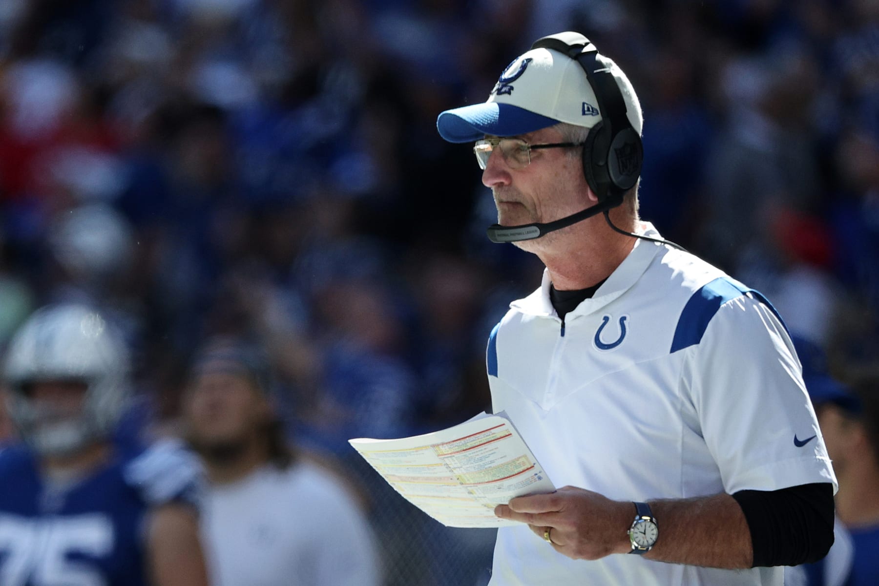 INDIANAPOLIS, INDIANA - SEPTEMBER 25: Head coach Frank Reich of the Indianapolis Colts looks on during the second half of the game against the Kansas City Chiefs at Lucas Oil Stadium on September 25, 2022 in Indianapolis, Indiana. (Photo by Michael Hickey/Getty Images)