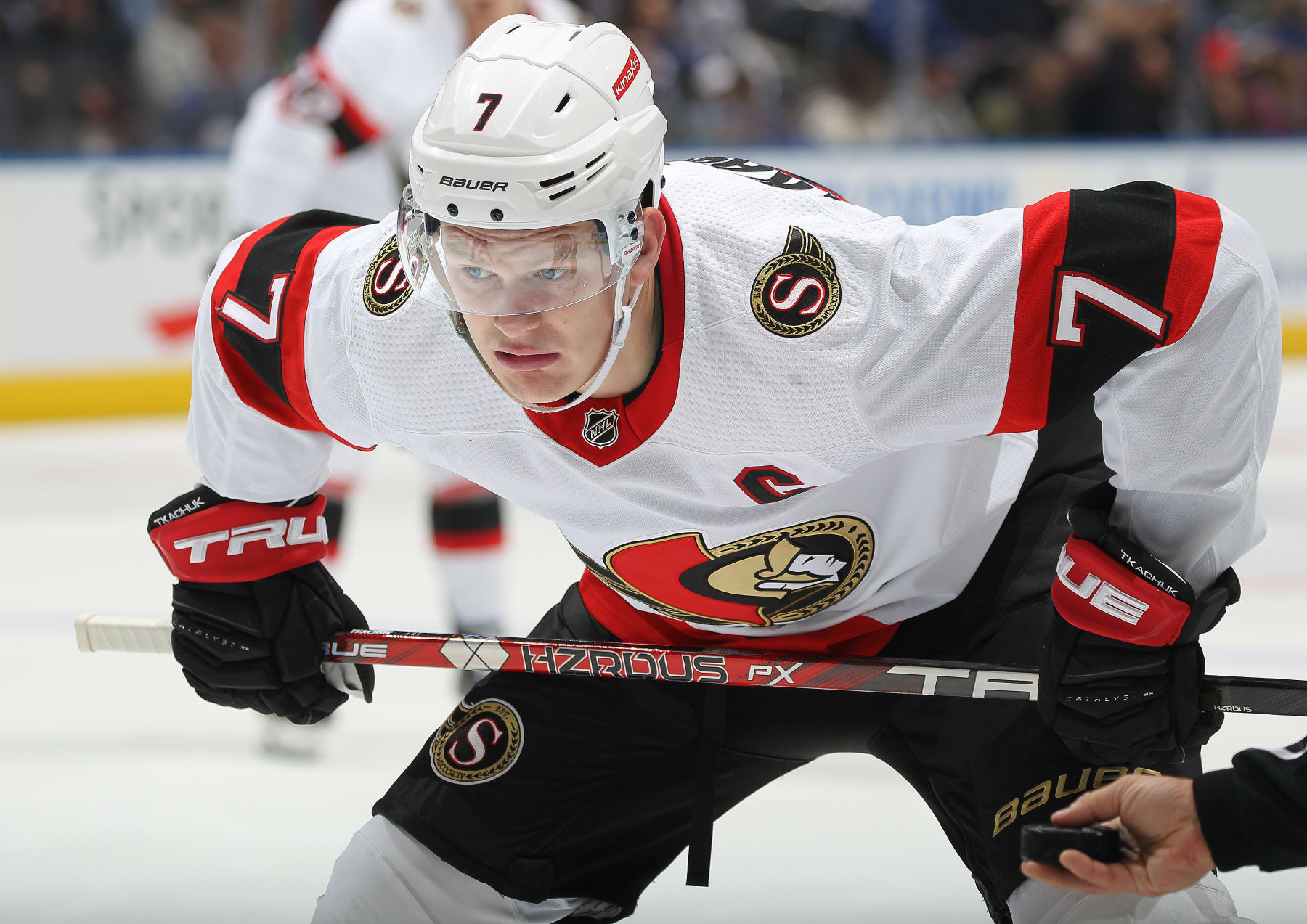 TORONTO, CANADA - OCTOBER 15: Brady Tkachuk #7 of the Ottawa Senators gets set for a faceoff against the Toronto Maple Leafs during an NHL game at Scotiabank Arena on October 15, 2022 in Toronto, Ontario, Canada. The Maple Leafs defeated the Senators 3-2. (Photo by Claus Andersen/Getty Images)