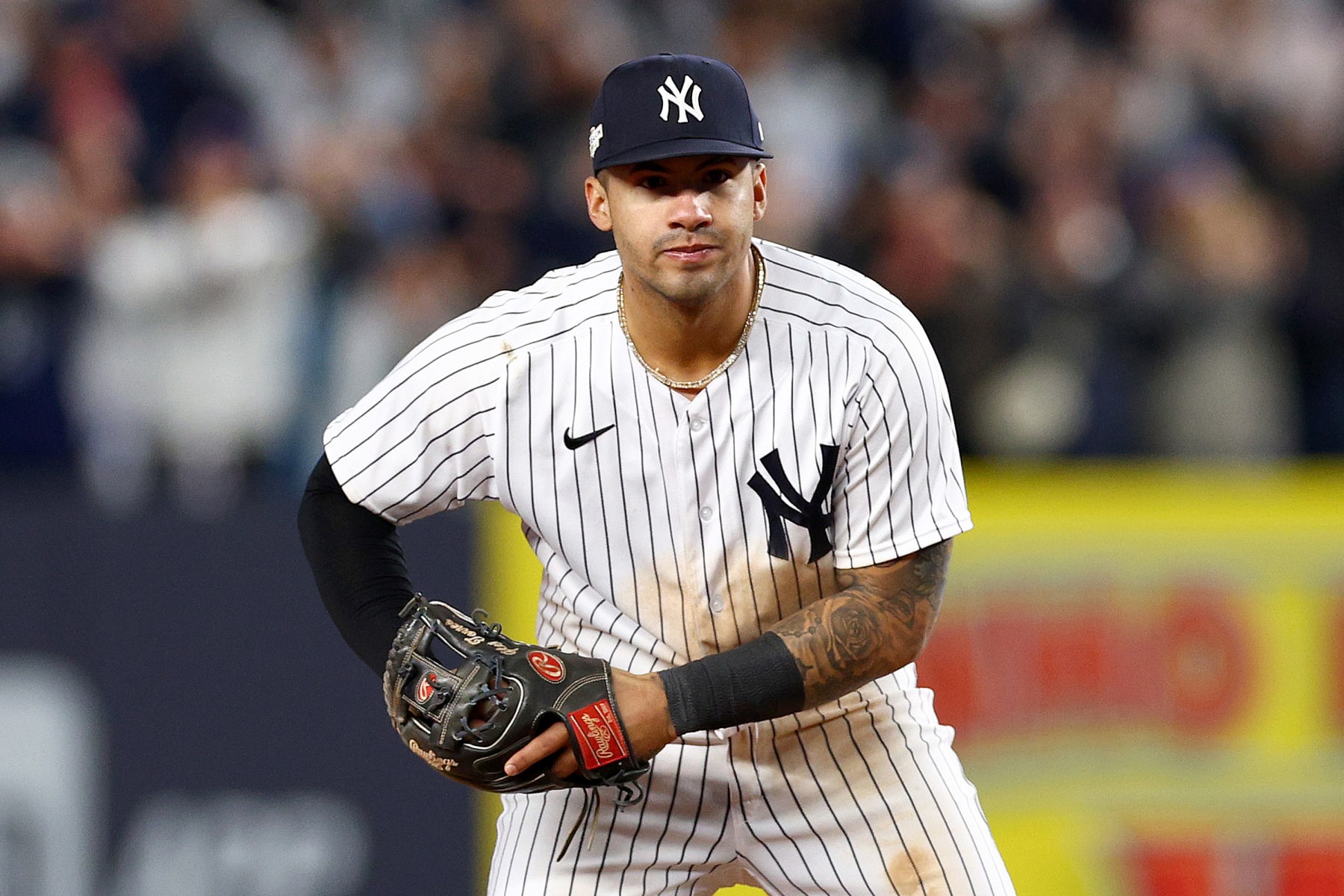 NEW YORK, NEW YORK - OCTOBER 18: Gleyber Torres #25 of the New York Yankees celebrates making the last out of the play to beat the Cleveland Guardians in game five of the American League Division Series at Yankee Stadium on October 18, 2022 in New York, New York. (Photo by Elsa/Getty Images)
