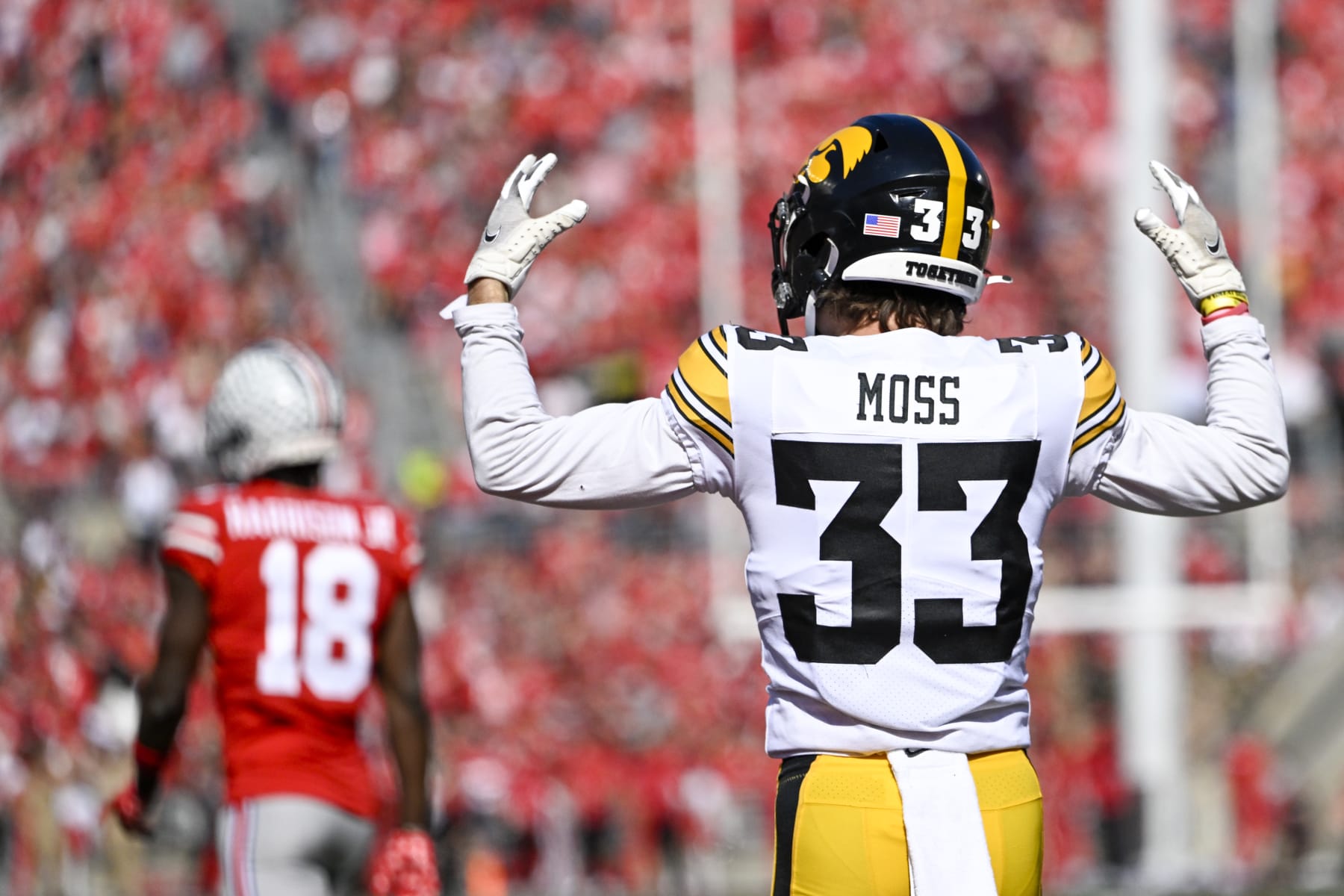 COLUMBUS, OHIO - OCTOBER 22: Defensive back Riley Moss #33 of the Iowa Hawkeyes celebrates after breaking up a pass in the end zone in the first quarter against the Ohio State Buckeyes at Ohio Stadium on October 22, 2022 in Columbus, Ohio. (Photo by Gaelen Morse/Getty Images)