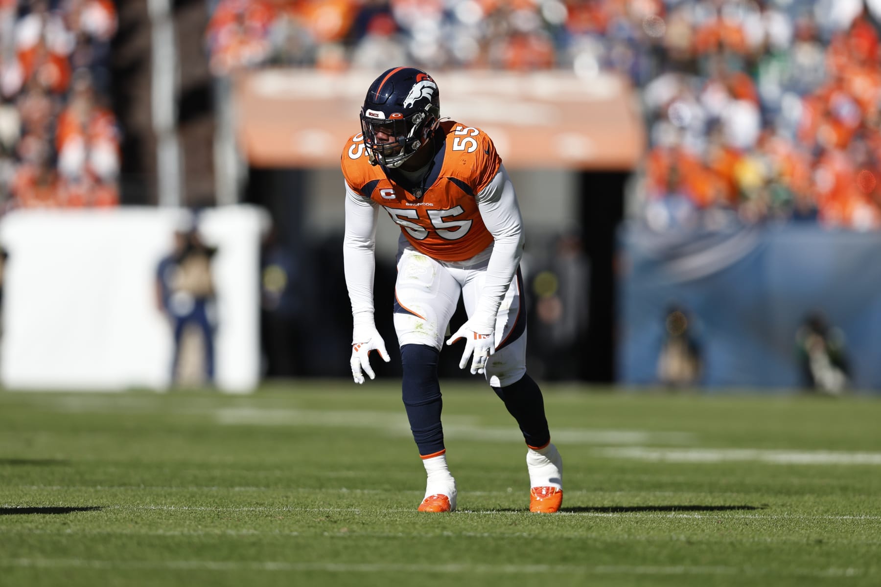 DENVER, COLORADO - OCTOBER 23: Bradley Chubb #55 of the Denver Broncos defends during an NFL football game between the Denver Broncos and the New York Jets at Empower Field At Mile High on October 23, 2022 in Denver, Colorado. (Photo by Michael Owens/Getty Images)