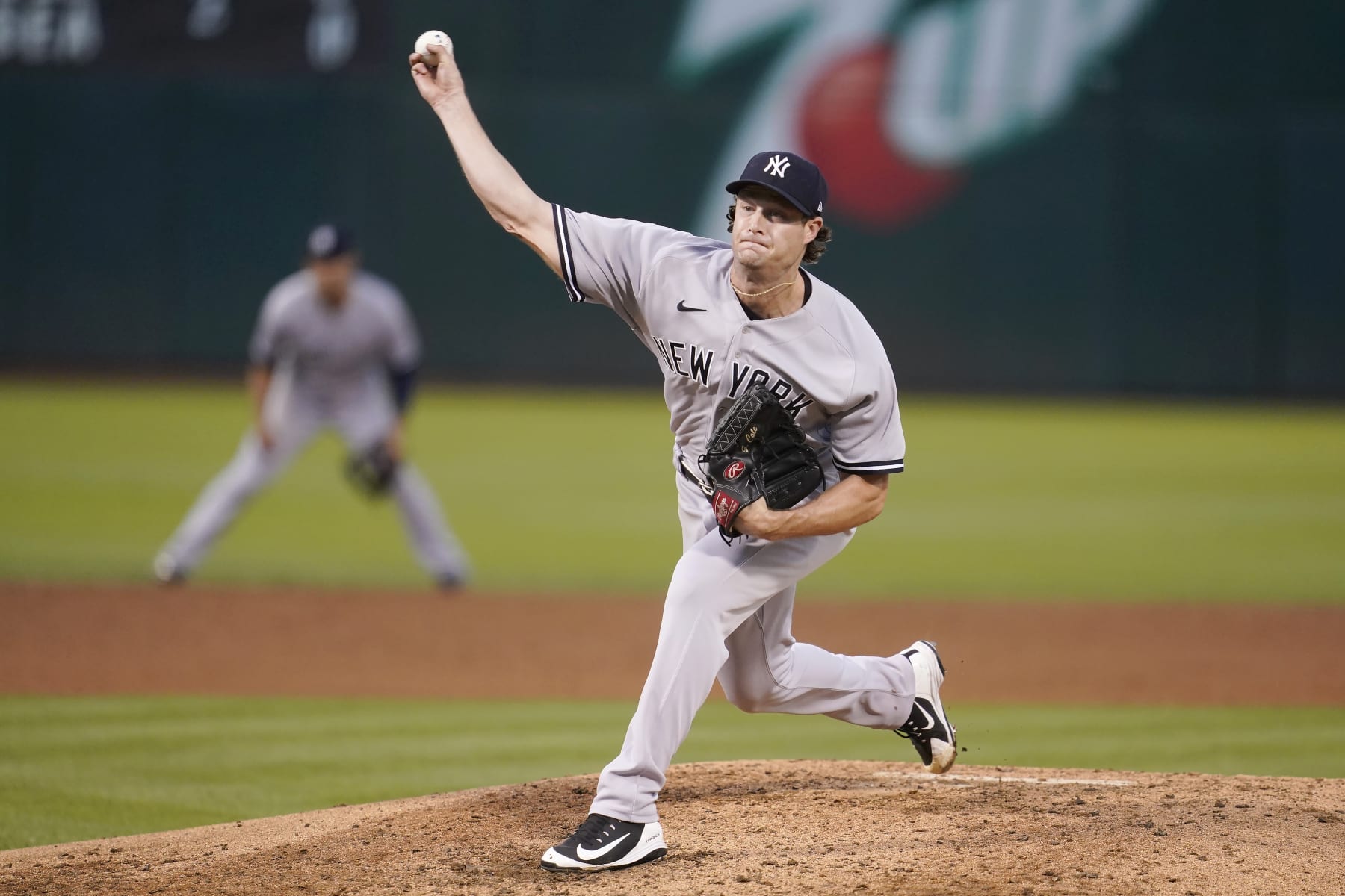 New York Yankees' Gerrit Cole pitches against the Oakland Athletics during the third inning of a baseball game in Oakland, Calif., Friday, Aug. 26, 2022. (AP Photo/Jeff Chiu)