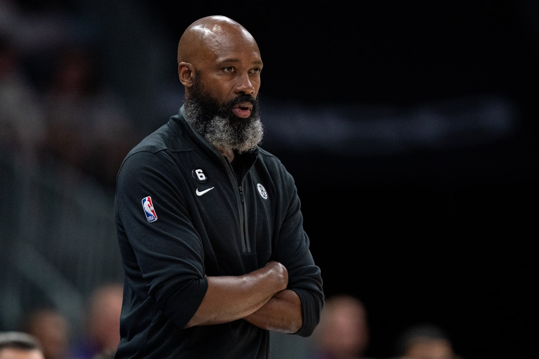 CHARLOTTE, NORTH CAROLINA - NOVEMBER 05: Interim head coach Jacque Vaughn of the Brooklyn Nets looks on in the first quarter during their game against the Charlotte Hornets at Spectrum Center on November 05, 2022 in Charlotte, North Carolina. NOTE TO USER: User expressly acknowledges and agrees that, by downloading and or using this photograph, User is consenting to the terms and conditions of the Getty Images License Agreement. (Photo by Jacob Kupferman/Getty Images)