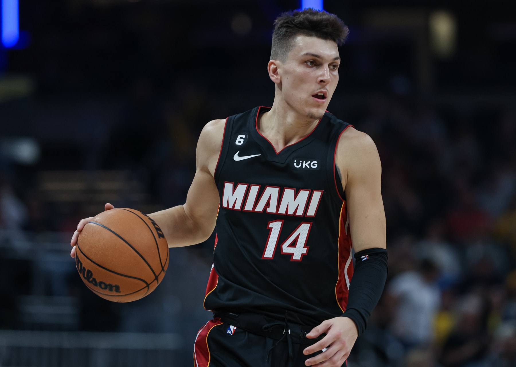 INDIANAPOLIS, IN - NOVEMBER 04: Tyler Herro #14 of the Miami Heat brings the ball up court during the game against the Indiana Pacers at Gainbridge Fieldhouse on November 4, 2022 in Indianapolis, Indiana. NOTE TO USER: User expressly acknowledges and agrees that, by downloading and or using this photograph, User is consenting to the terms and conditions of the Getty Images License Agreement. (Photo by Michael Hickey/Getty Images)