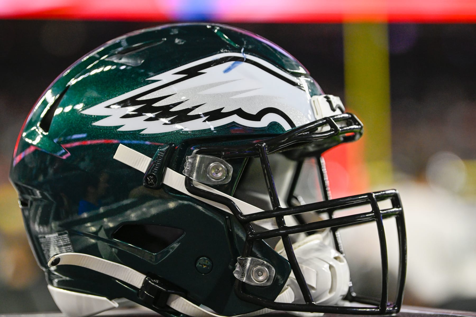 HOUSTON, TX - NOVEMBER 03: An Eagles helmet awaits the next series during the football game between the Philadelphia Eagles and Houston Texans at NRG Stadium on November 3, 2022 in Houston, TX. (Photo by Ken Murray/Icon Sportswire via Getty Images)