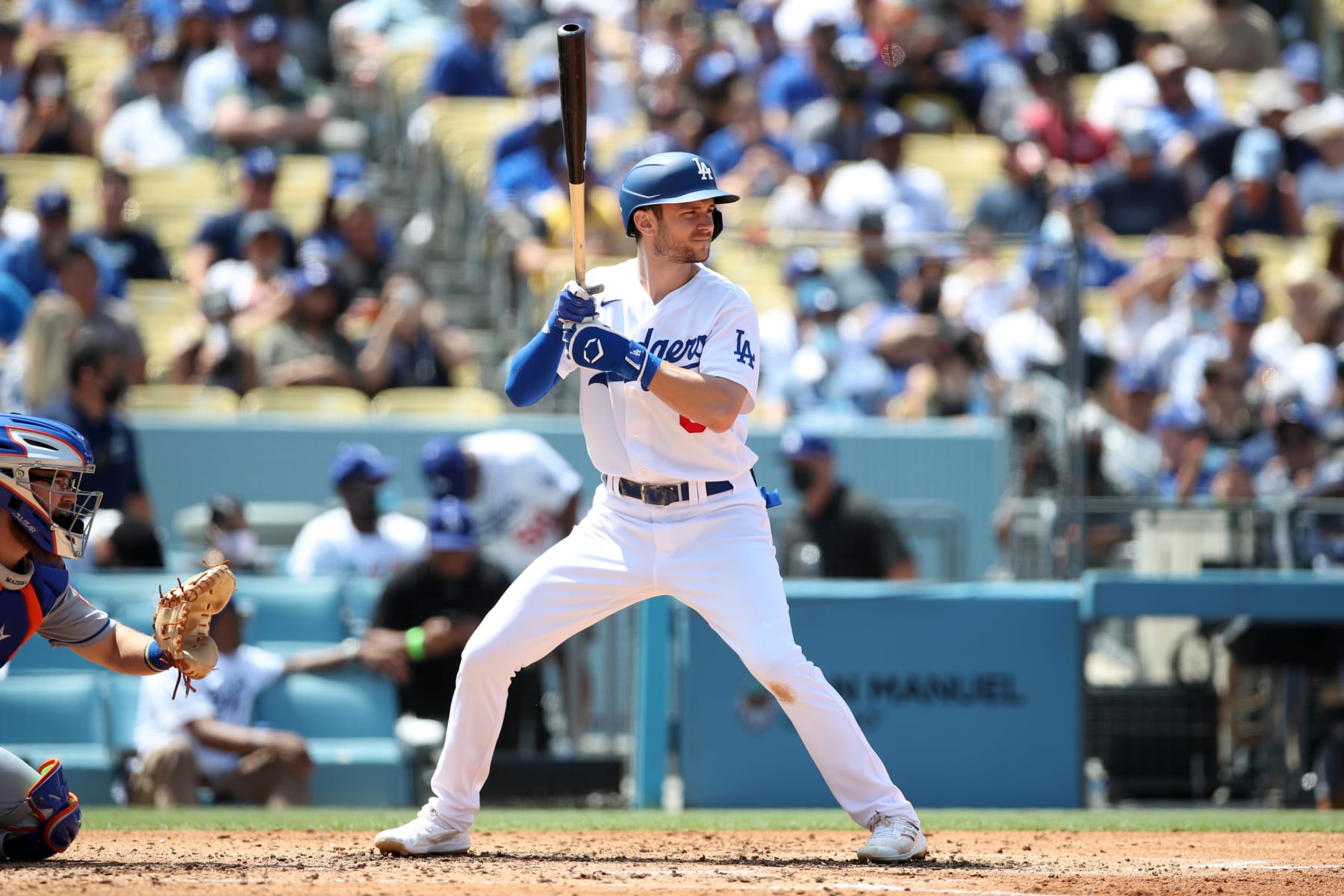 LOS ANGELES, CA - AUGUST 22: Trea Turner #6 of the Los Angeles Dodgers bats during the game against the New York Mets at Dodger Stadium on August 22, 2021 in Los Angeles, California. The Mets defeated the Dodgers 7-2. (Photo by Rob Leiter/MLB Photos via Getty Images)
