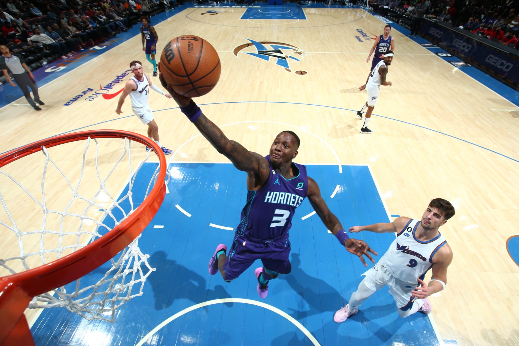 WASHINGTON, DC - NOVEMBER 20: Terry Rozier #3 of the Charlotte Hornets drives to the basket during the game against the Washington Wizards on November 20, 2022 at Capital One Arena in Washington, DC. NOTE TO USER: User expressly acknowledges and agrees that, by downloading and or using this Photograph, user is consenting to the terms and conditions of the Getty Images License Agreement. Mandatory Copyright Notice: Copyright 2022 NBAE (Photo by Stephen Gosling/NBAE via Getty Images)