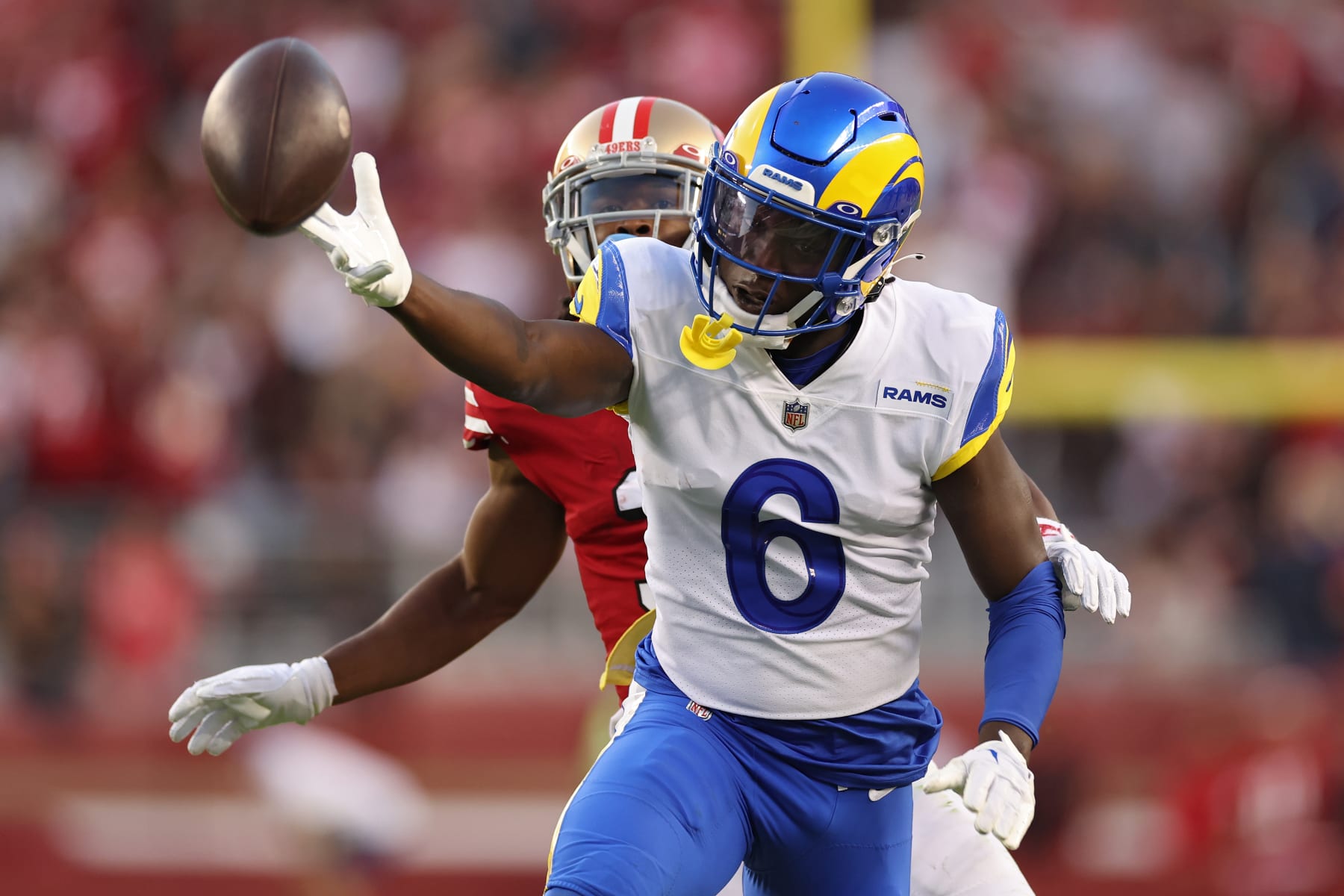 SANTA CLARA, CALIFORNIA - OCTOBER 03: Cornerback Derion Kendrick #6 of the Los Angeles Rams cannot make a catch as he is defended by wide receiver Ray-Ray McCloud III #3 of the San Francisco 49ers at Levi's Stadium on October 03, 2022 in Santa Clara, California. (Photo by Ezra Shaw/Getty Images)