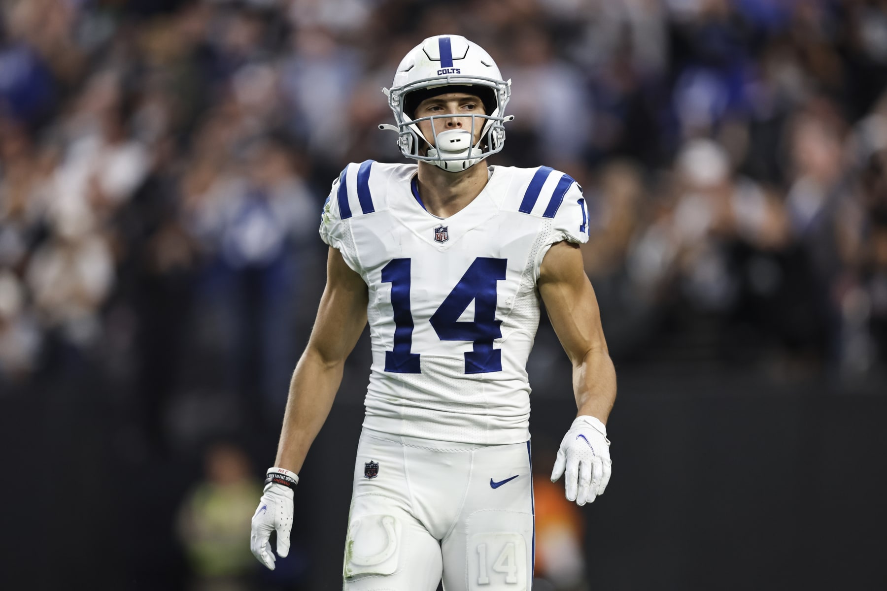 LAS VEGAS, NEVADA - NOVEMBER 13: Alec Pierce #14 of the Indianapolis Colts runs during an NFL game between the Las Vegas Raiders and the Indianapolis Colts at Allegiant Stadium on November 13, 2022 in Las Vegas, Nevada. (Photo by Michael Owens/Getty Images)