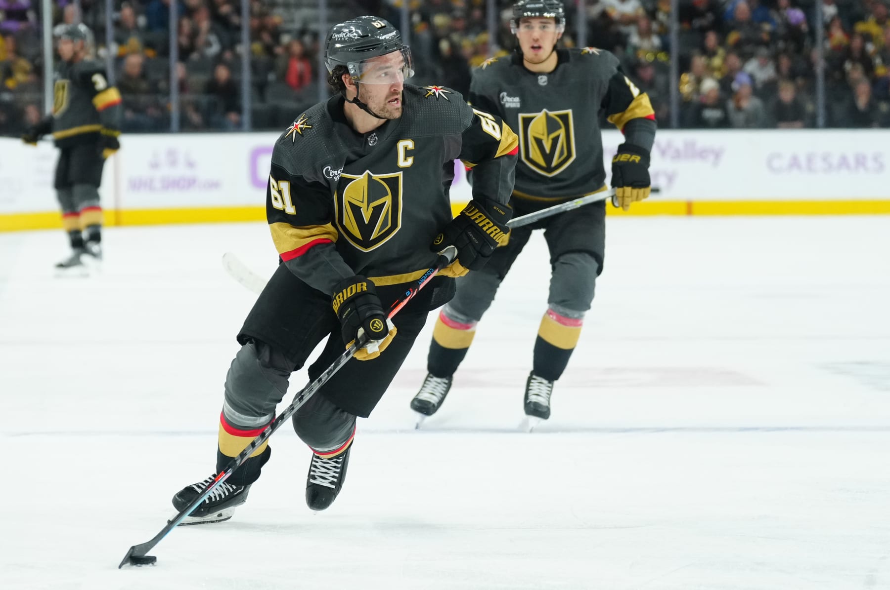LAS VEGAS, NEVADA - NOVEMBER 23: Mark Stone #61 of the Vegas Golden Knights skates during the third period against the Ottawa Senators at T-Mobile Arena on November 23, 2022 in Las Vegas, Nevada. (Photo by Jeff Bottari/NHLI via Getty Images)