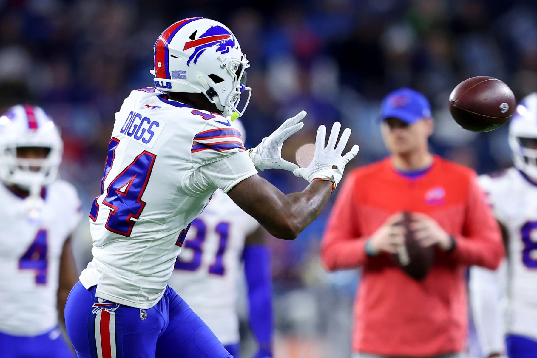 DETROIT, MICHIGAN - NOVEMBER 24: Stefon Diggs #14 of the Buffalo Bills warms up prior to a game against the Detroit Lions at Ford Field on November 24, 2022 in Detroit, Michigan. (Photo by Rey Del Rio/Getty Images)