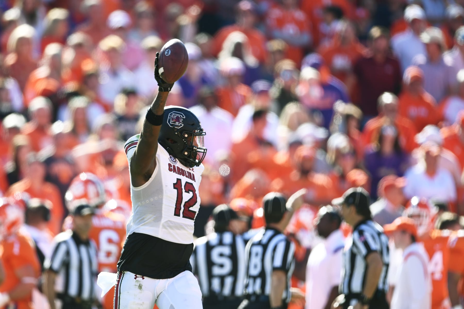 CLEMSON, SOUTH CAROLINA - NOVEMBER 26: Anthony Rose #12 of the South Carolina Gamecocks celebrates recovering a Clemson Tigers second quarter fumble at Memorial Stadium on November 26, 2022 in Clemson, South Carolina. (Photo by Eakin Howard/Getty Images)