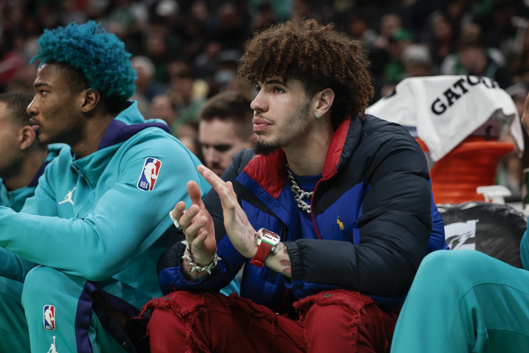 BOSTON, MA - NOVEMBER 28 LaMelo Ball #1 of the Charlotte Hornets looks on from the bench during a game against the Charlotte Hornets at TD Garden on November 28, 2022 in Boston, Massachusetts. NOTE TO USER: User expressly acknowledges and agrees that, by downloading and or using this photograph, User is consenting to the terms and conditions of the Getty Images License Agreement. (Photo by Adam Glanzman/Getty Images)
