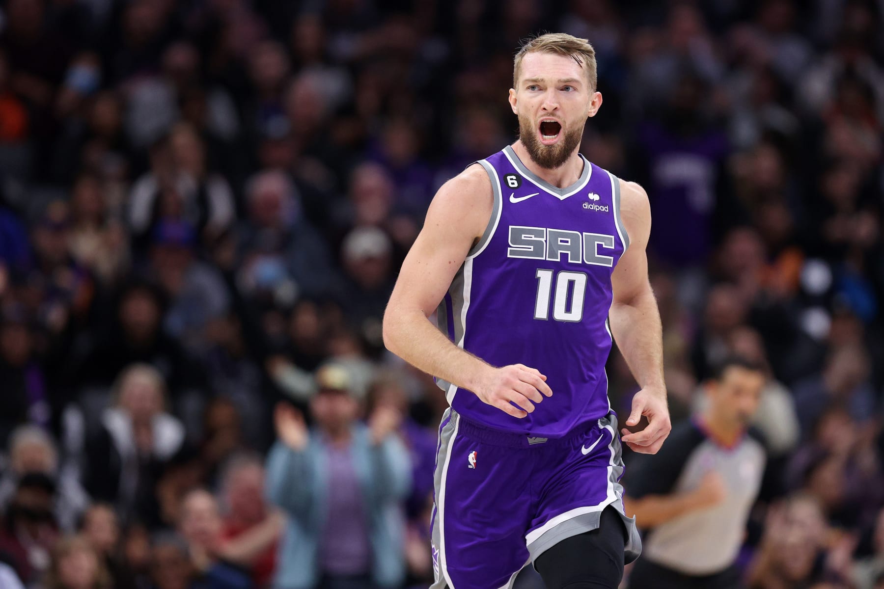 SACRAMENTO, CALIFORNIA - NOVEMBER 28: Domantas Sabonis #10 of the Sacramento Kings reacts after he made a basket against the Phoenix Suns at Golden 1 Center on November 28, 2022 in Sacramento, California. NOTE TO USER: User expressly acknowledges and agrees that, by downloading and or using this photograph, User is consenting to the terms and conditions of the Getty Images License Agreement. (Photo by Ezra Shaw/Getty Images)